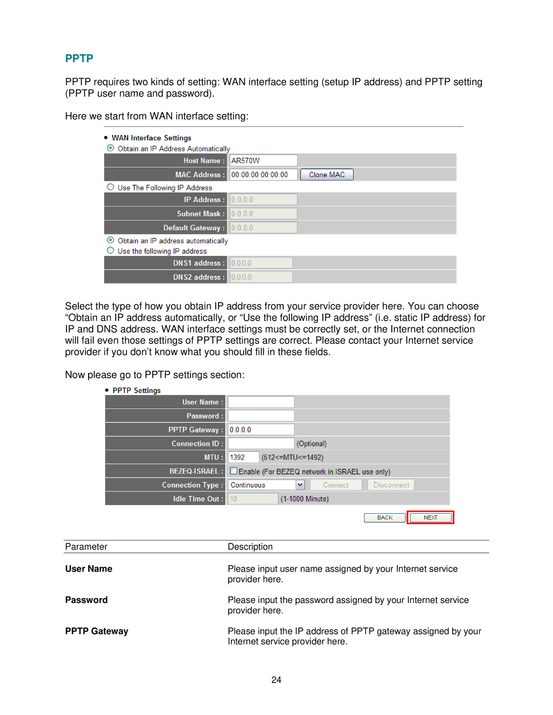 Airlink101 AR570W user manual Pptp Gateway 