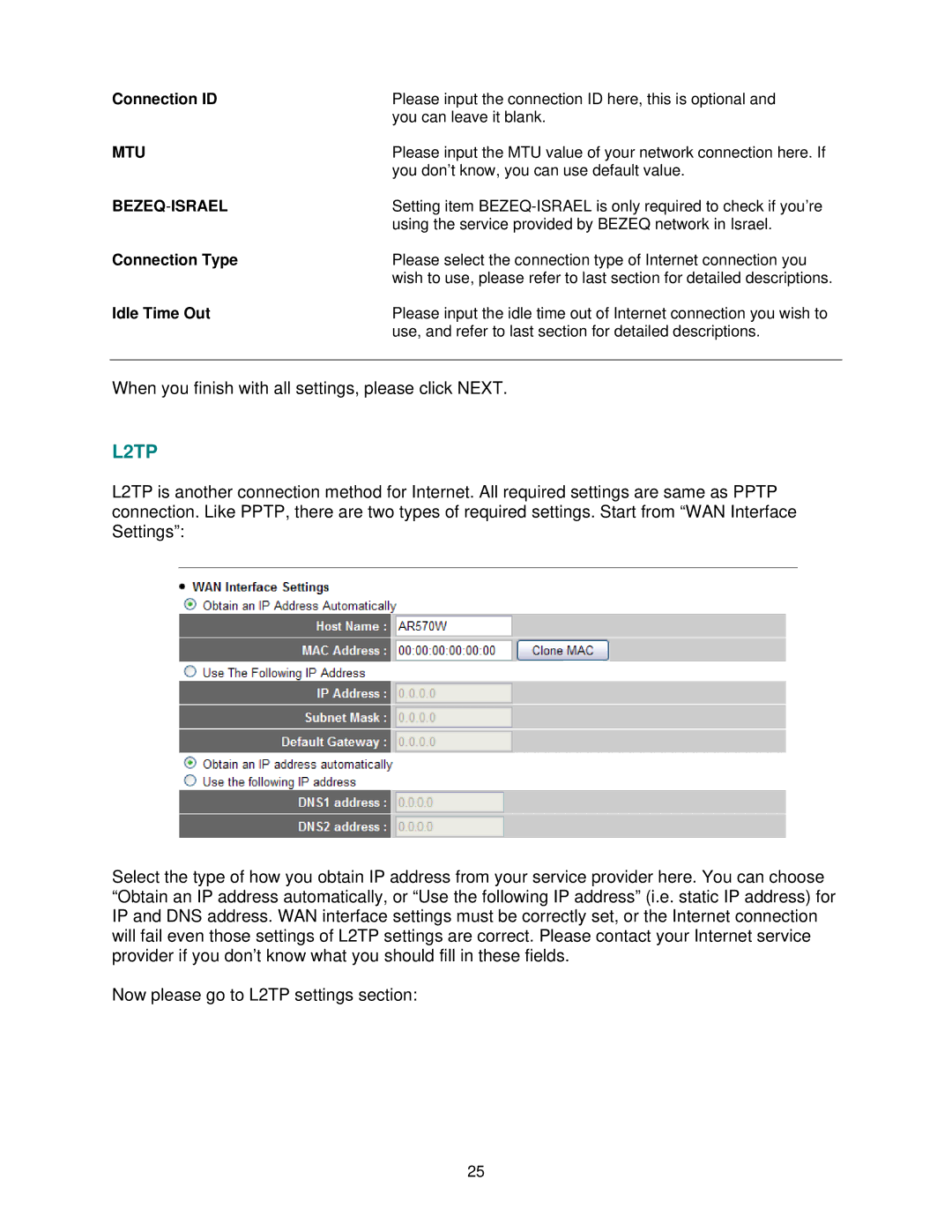 Airlink101 AR570W user manual Connection ID, Bezeq-Israel 