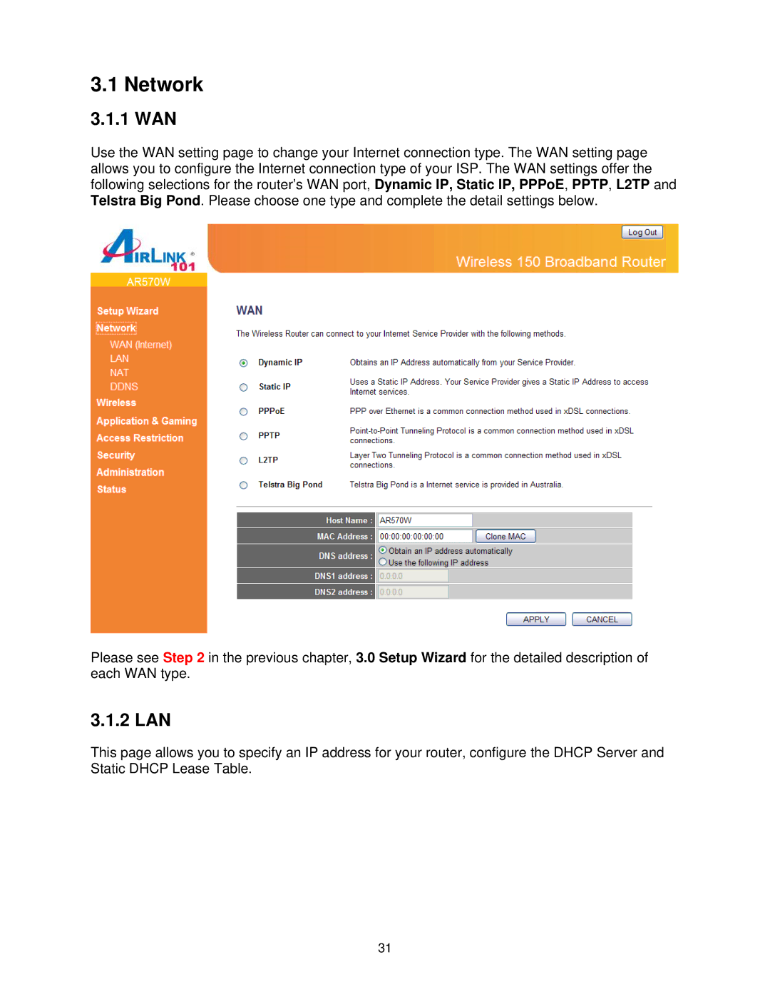 Airlink101 AR570W user manual Network, 1 WAN, 2 LAN 