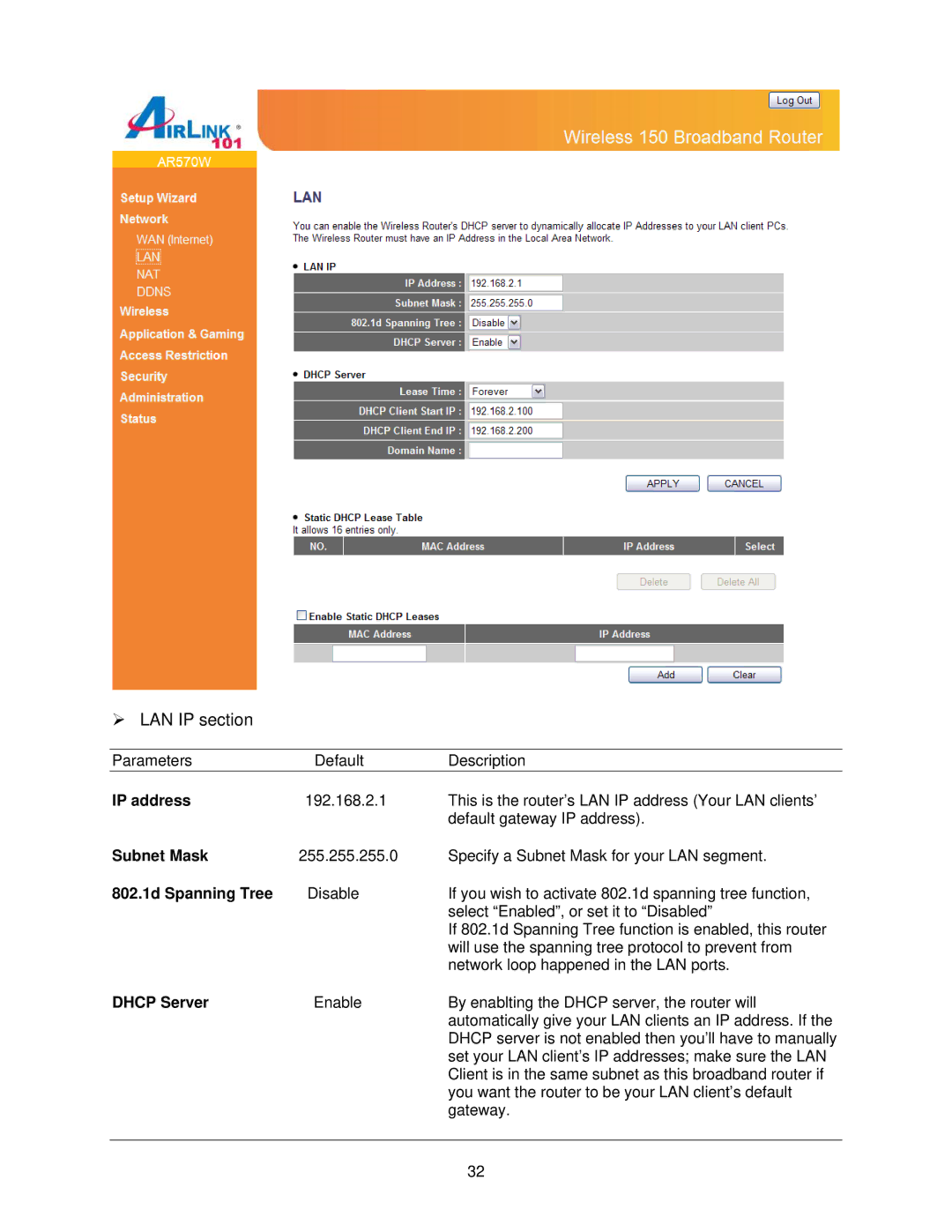 Airlink101 AR570W user manual IP address, Subnet Mask, 802.1d Spanning Tree, Dhcp Server 