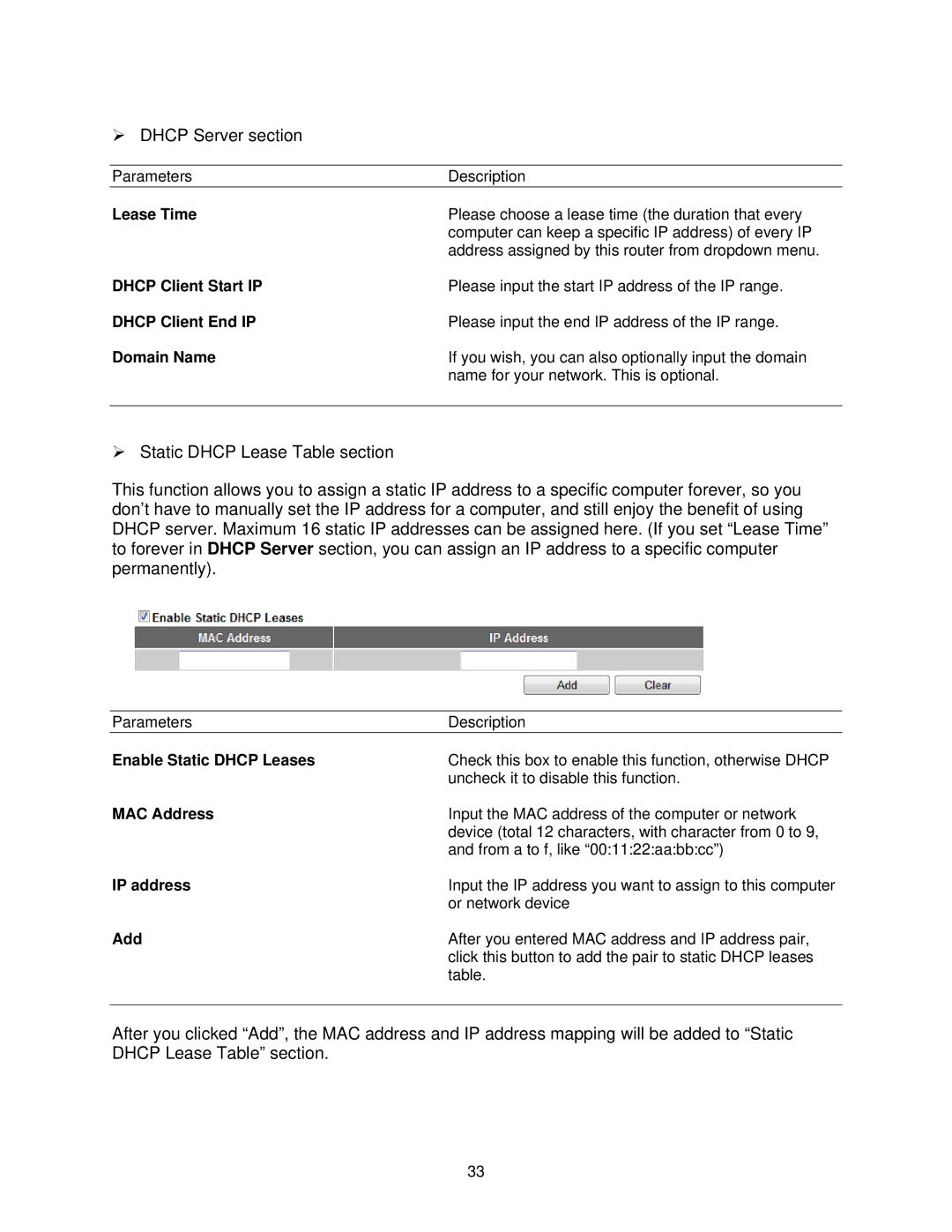 Airlink101 AR570W Lease Time, Dhcp Client Start IP, Dhcp Client End IP, Domain Name, Enable Static Dhcp Leases, Add 