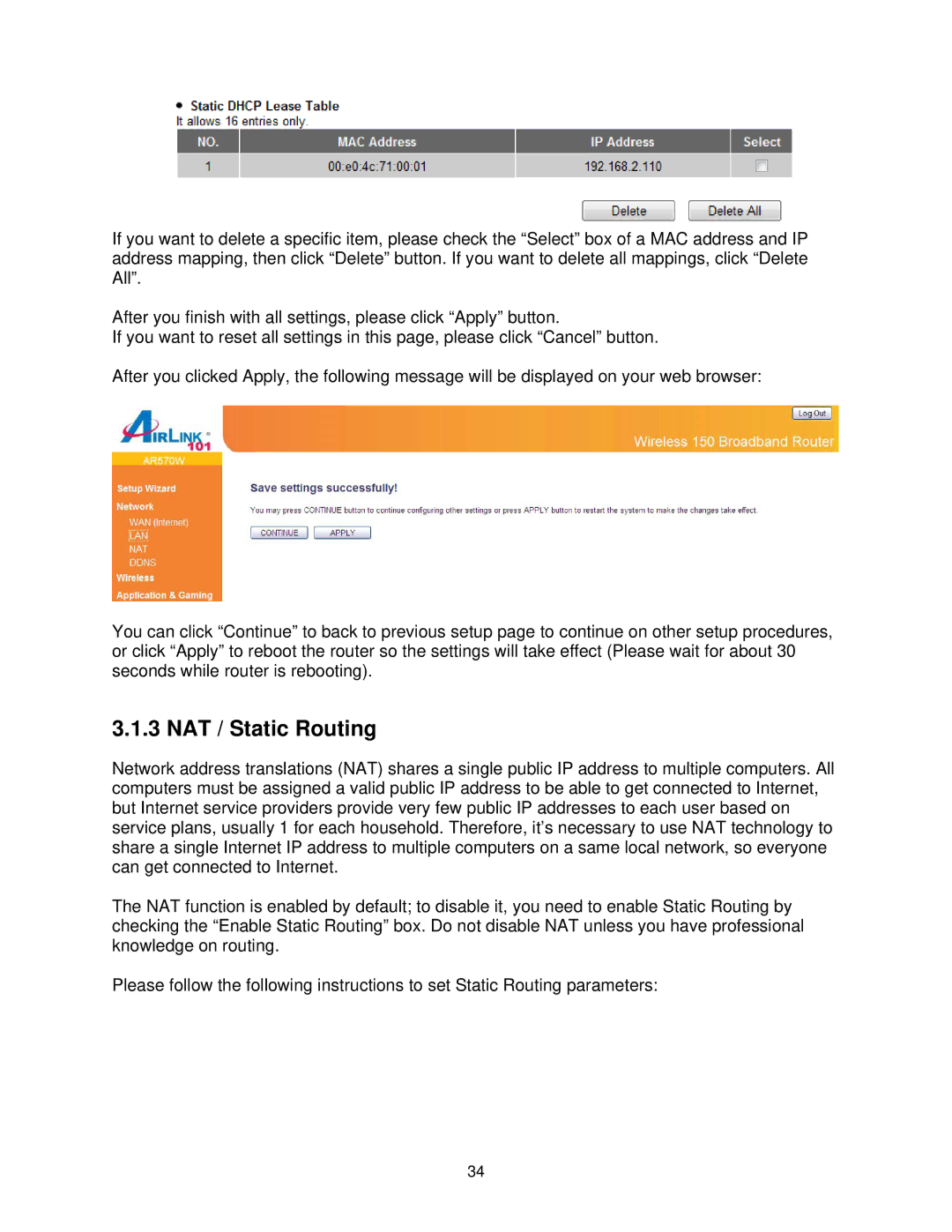 Airlink101 AR570W user manual NAT / Static Routing 