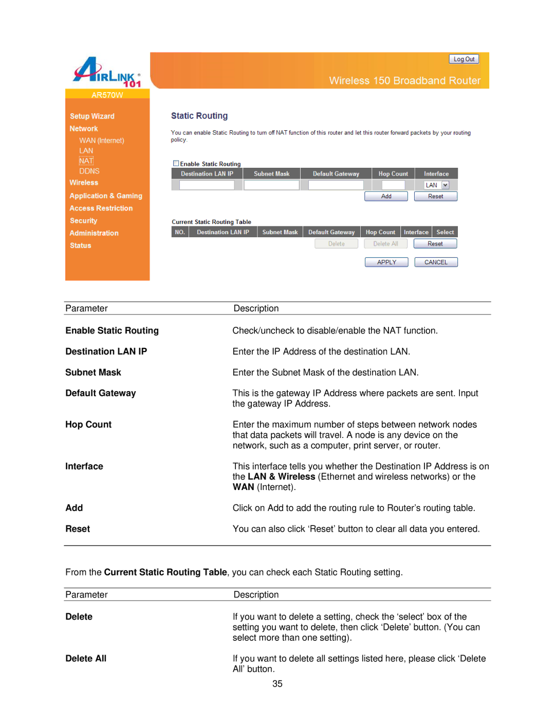 Airlink101 AR570W Enable Static Routing, Destination LAN IP, Default Gateway, Hop Count, Interface, Reset, Delete 