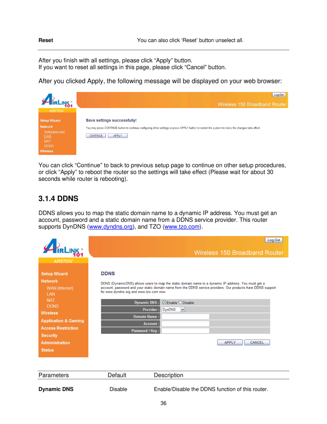 Airlink101 AR570W user manual Ddns, Reset You can also click ‘Reset’ button unselect all, Dynamic DNS 