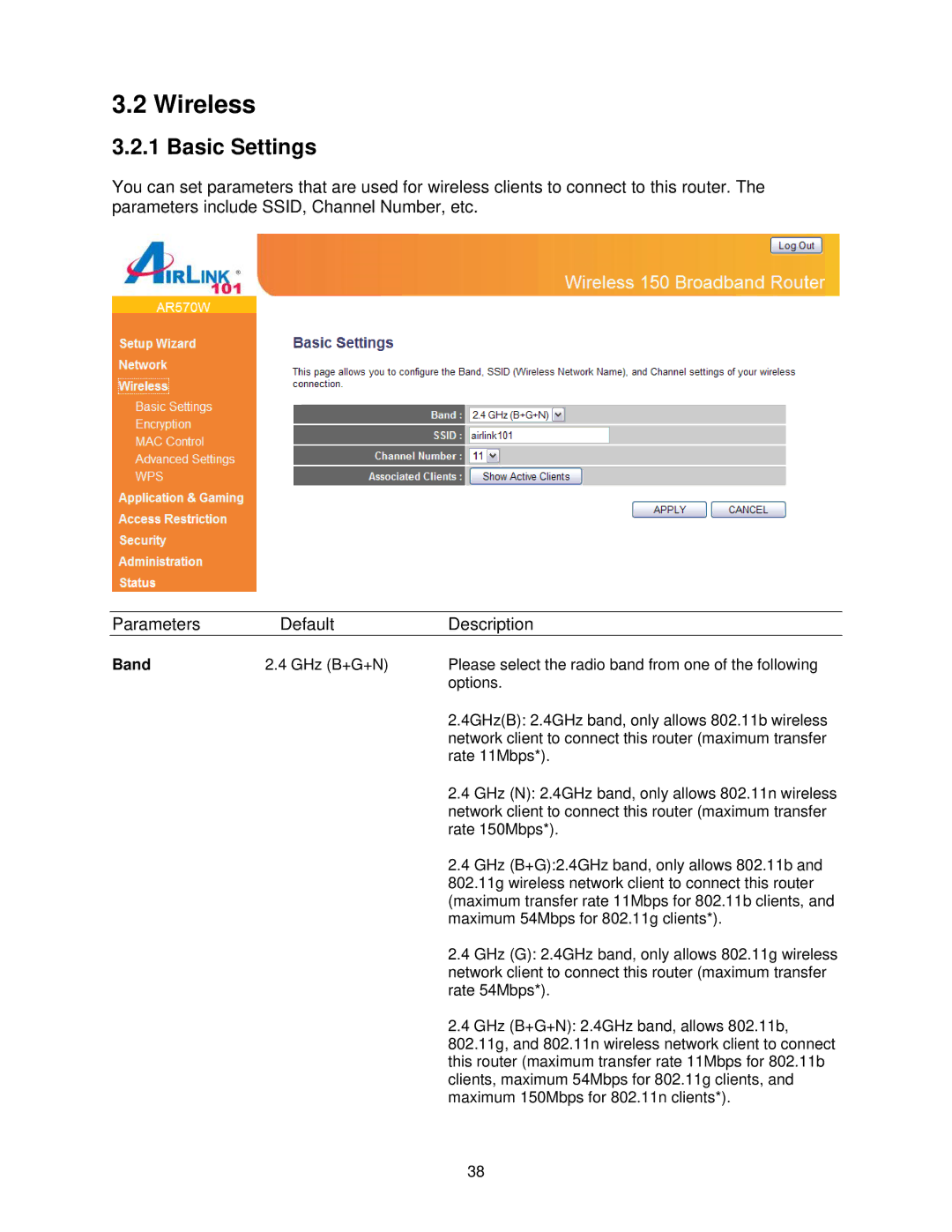 Airlink101 AR570W user manual Wireless, Basic Settings, Band 