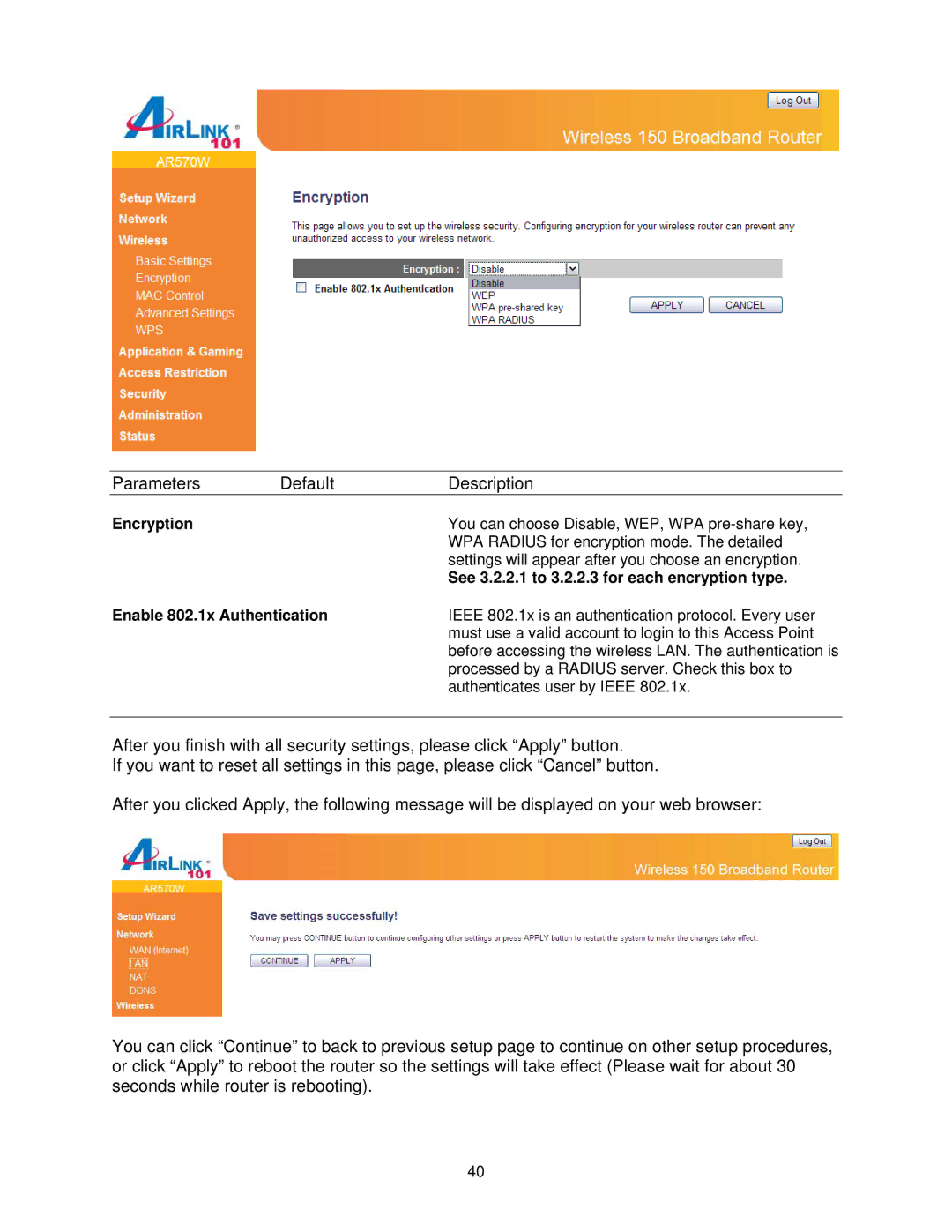 Airlink101 AR570W user manual Encryption, See 3.2.2.1 to 3.2.2.3 for each encryption type, Enable 802.1x Authentication 