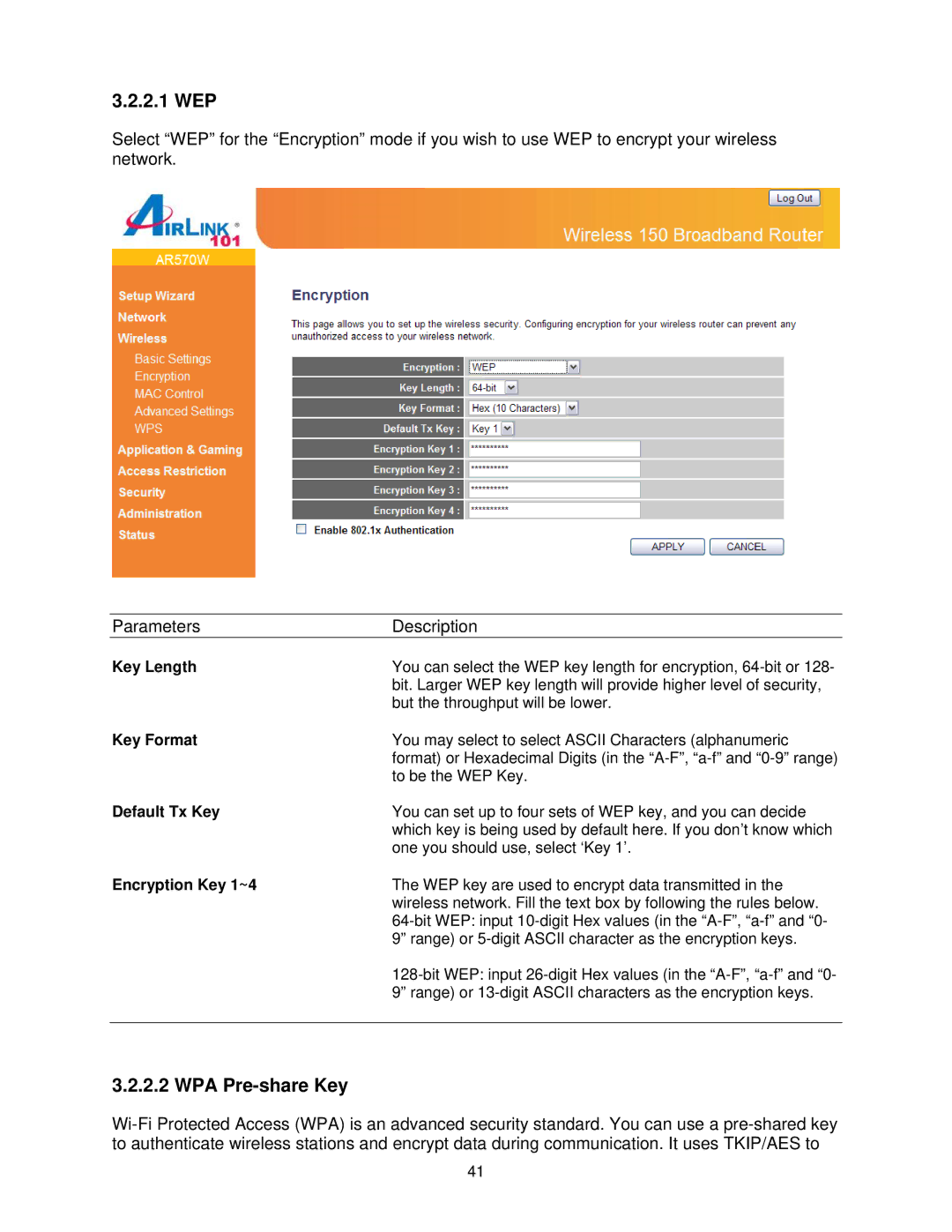 Airlink101 AR570W user manual Key Length, Key Format, Default Tx Key, Encryption Key 1~4 