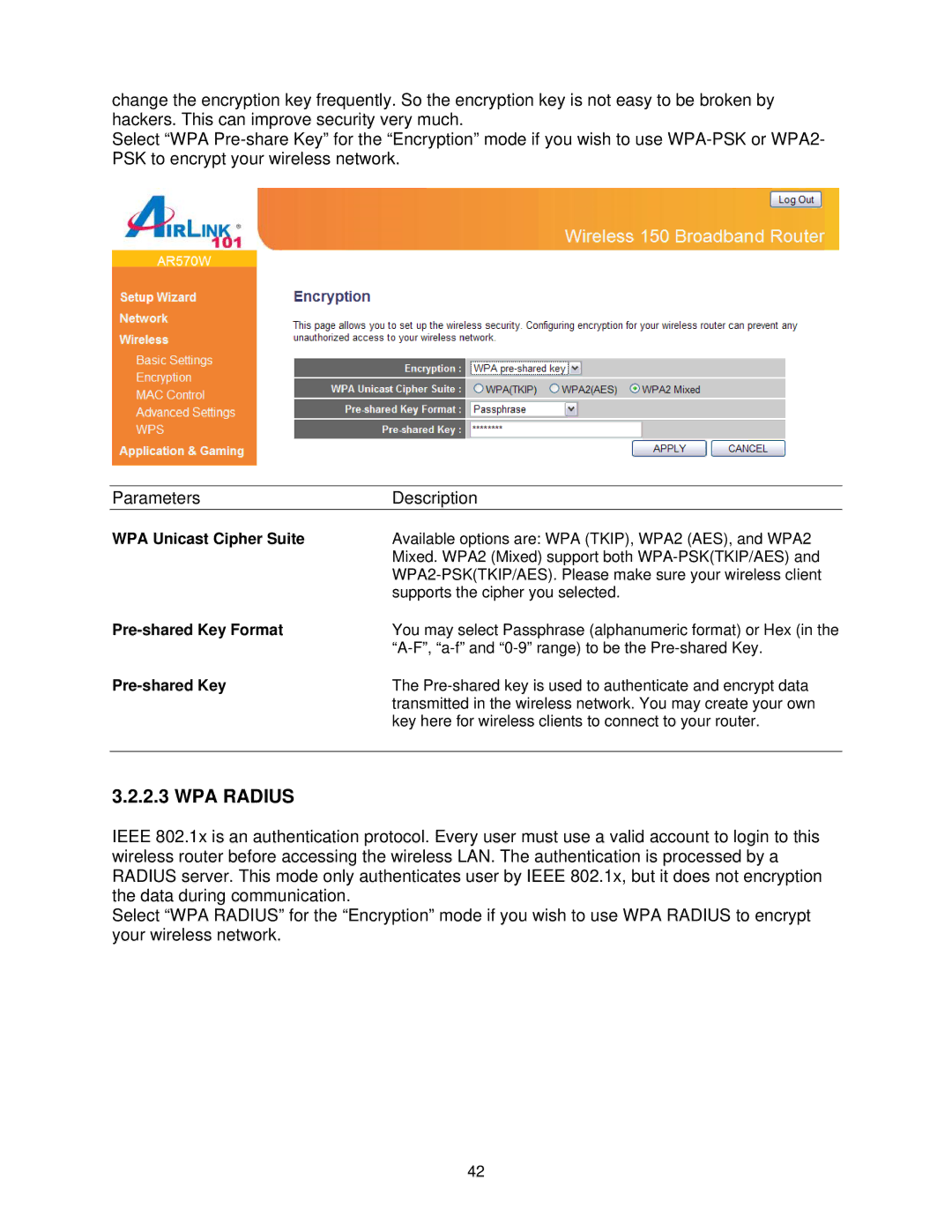 Airlink101 AR570W user manual WPA Unicast Cipher Suite, Pre-shared Key Format 