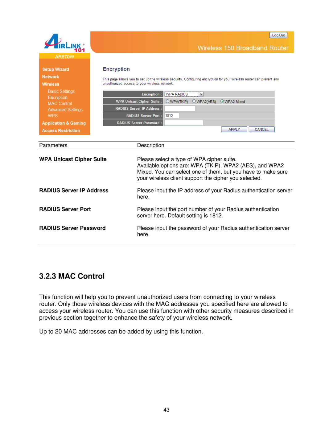 Airlink101 AR570W user manual MAC Control, Radius Server IP Address, Radius Server Port, Radius Server Password 