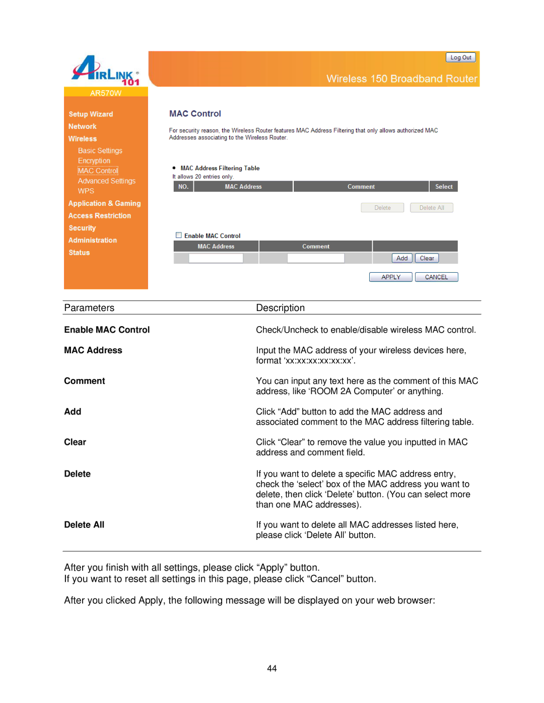 Airlink101 AR570W user manual Enable MAC Control, Comment, Clear 