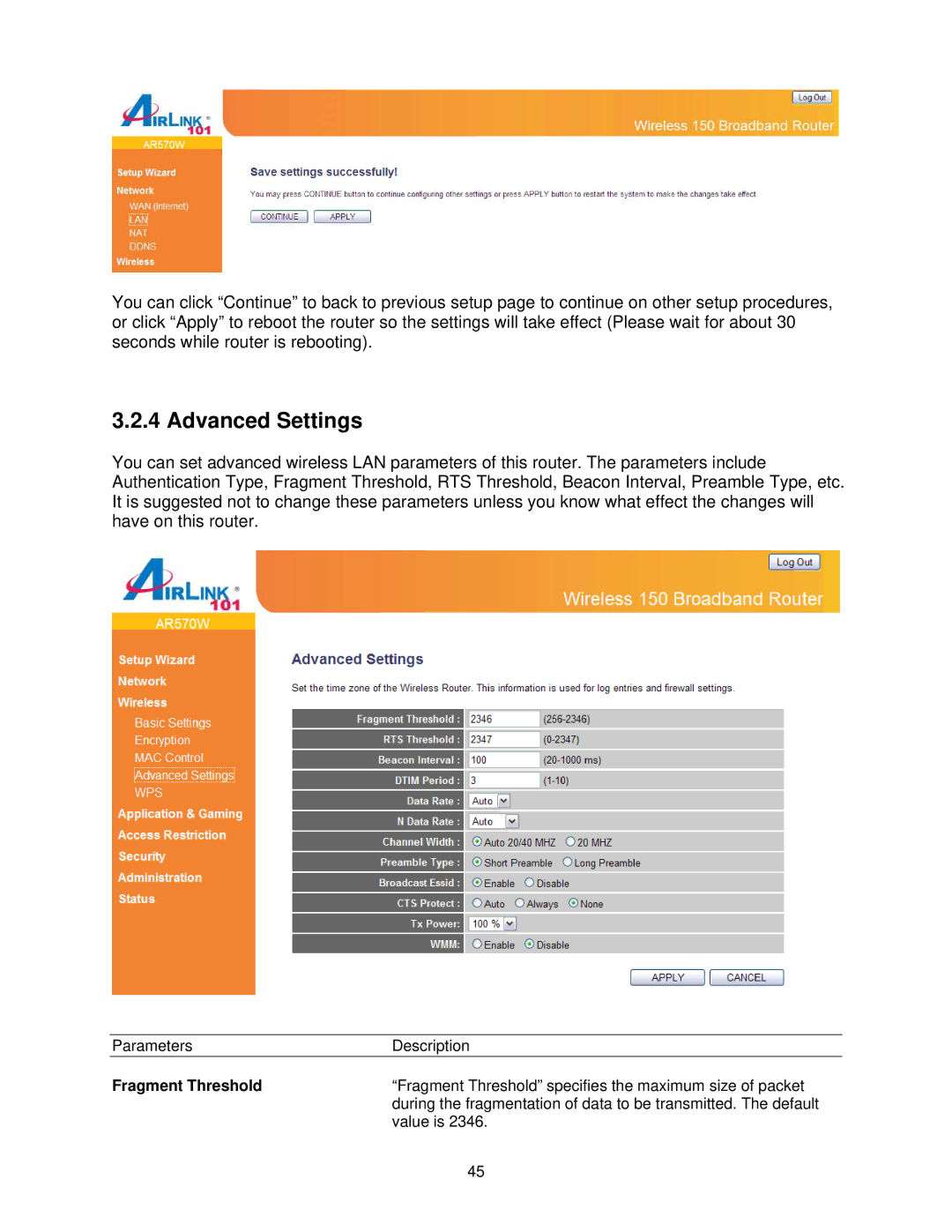 Airlink101 AR570W user manual Advanced Settings, Fragment Threshold 