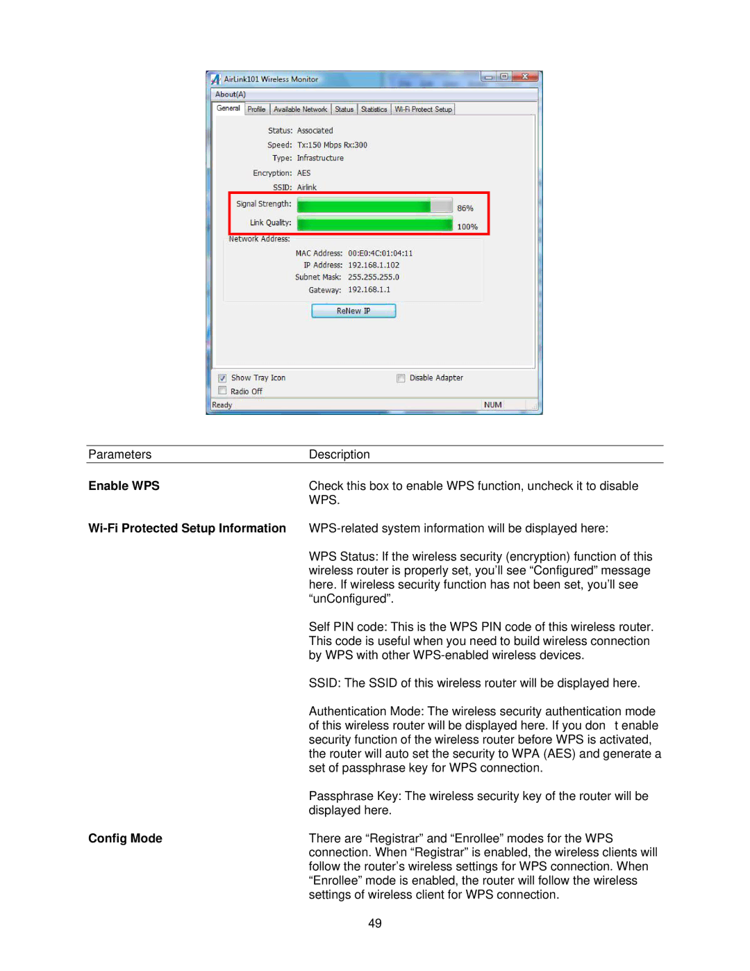 Airlink101 AR570W user manual Enable WPS, Wi-Fi Protected Setup Information, Config Mode 