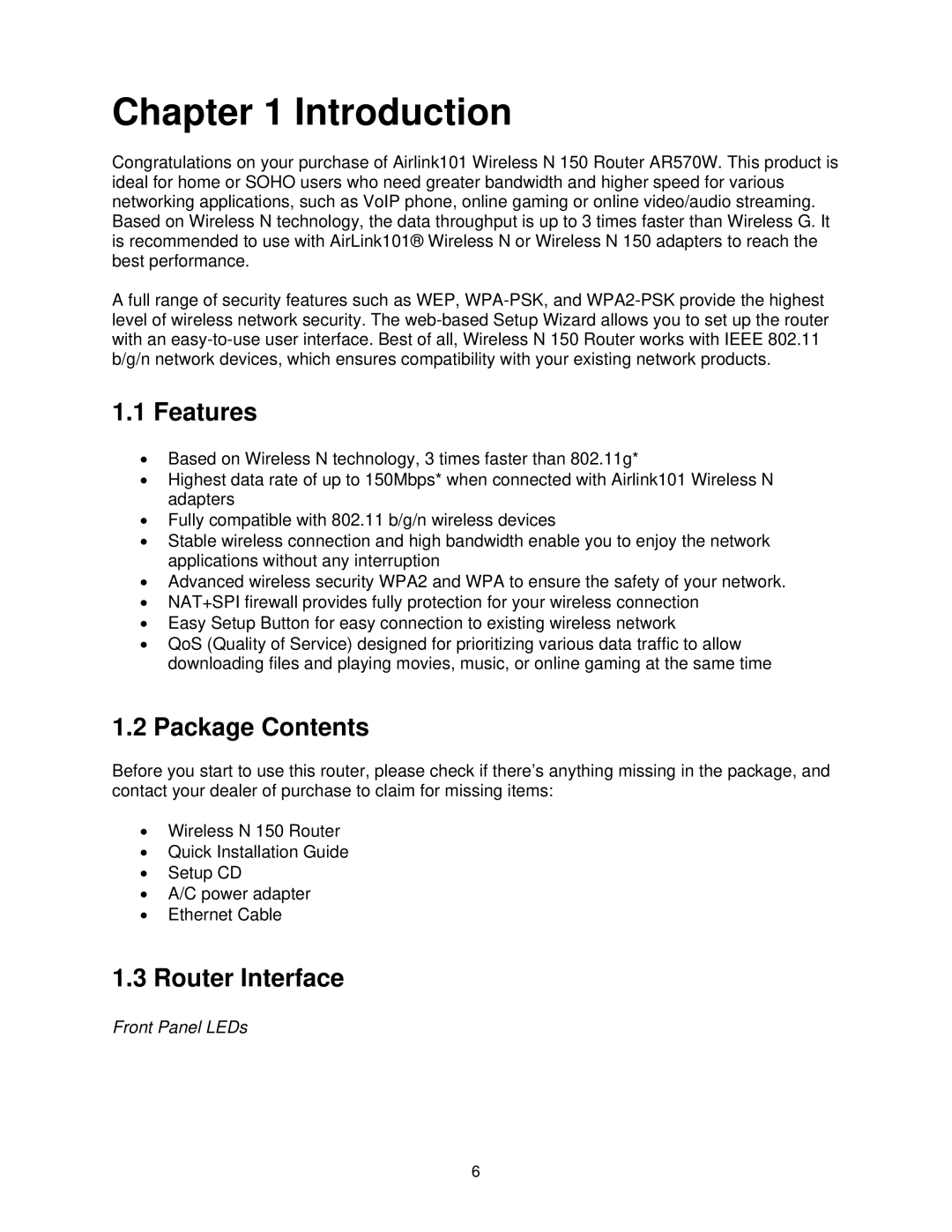 Airlink101 AR570W user manual Features, Package Contents, Router Interface 