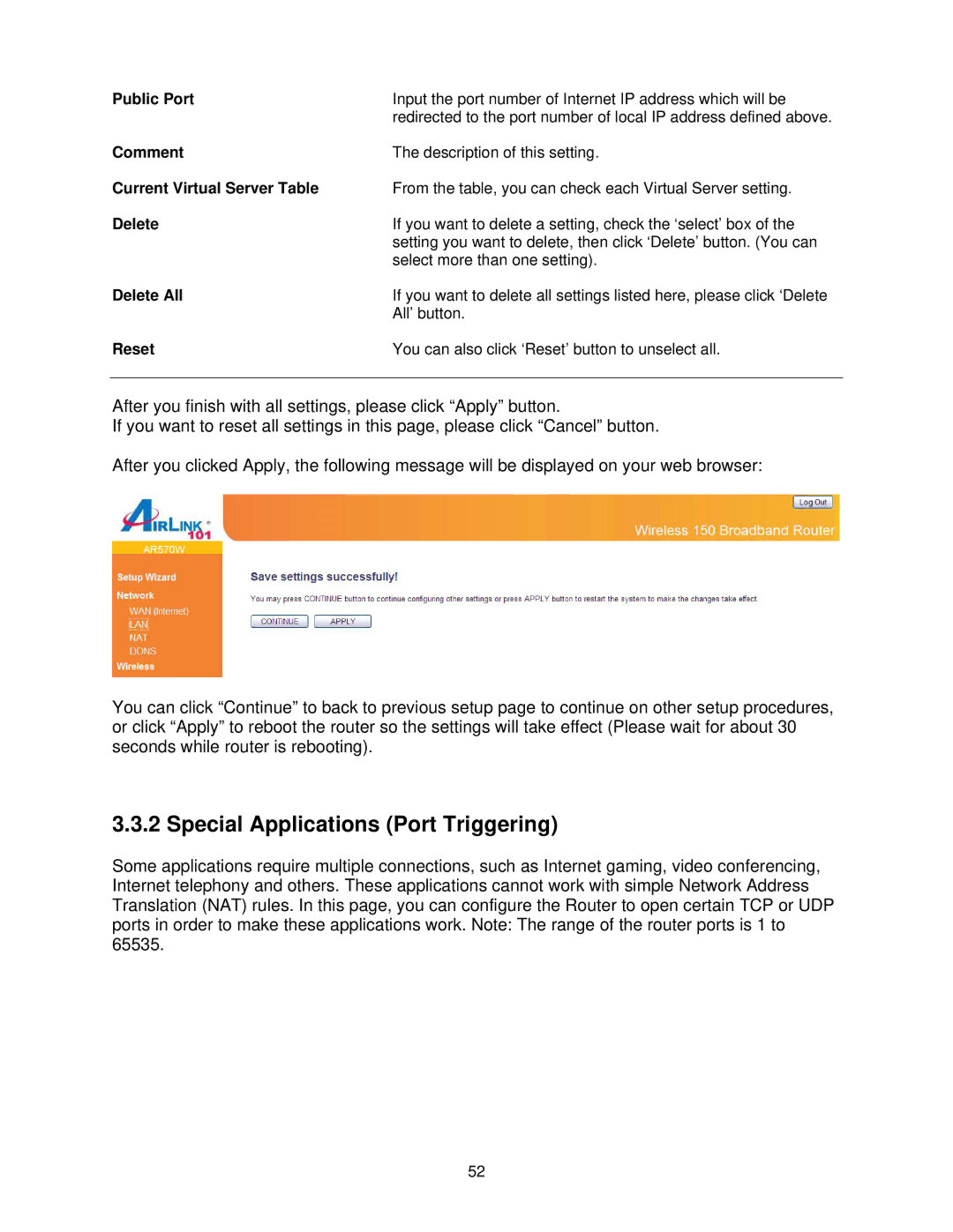 Airlink101 AR570W user manual Special Applications Port Triggering, Public Port, Current Virtual Server Table 