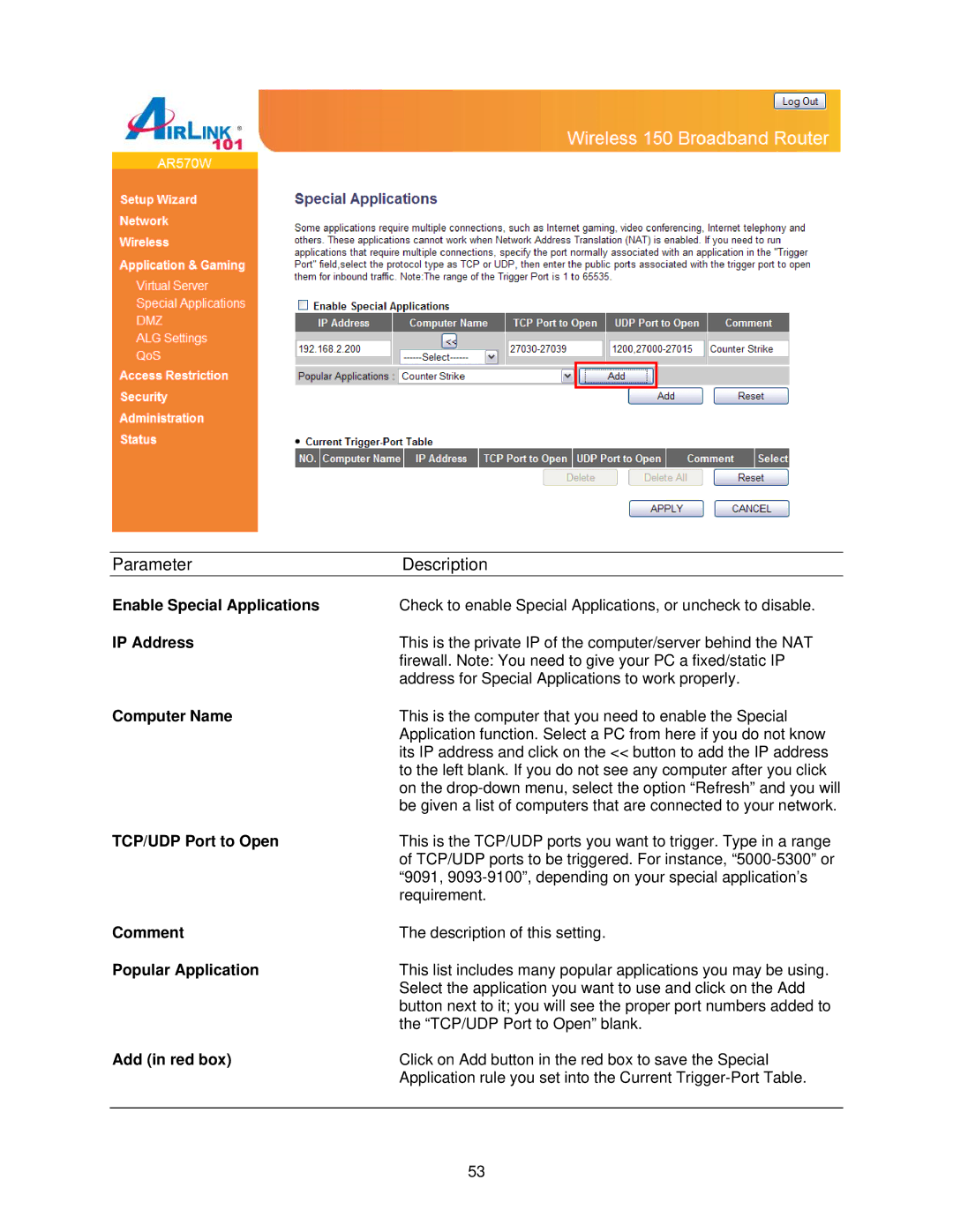 Airlink101 AR570W user manual Enable Special Applications, TCP/UDP Port to Open, Popular Application, Add in red box 