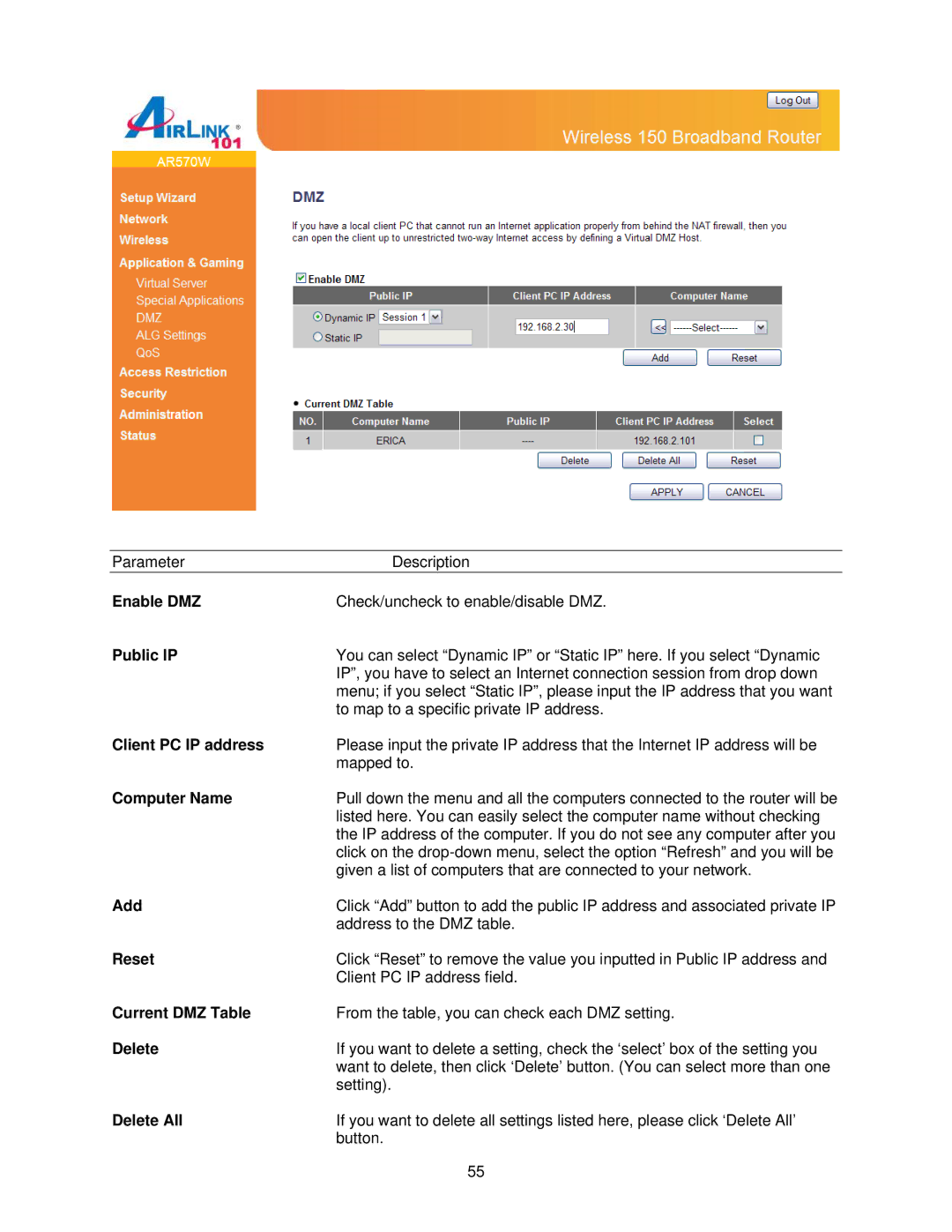 Airlink101 AR570W user manual Enable DMZ, Public IP, Client PC IP address, Current DMZ Table 