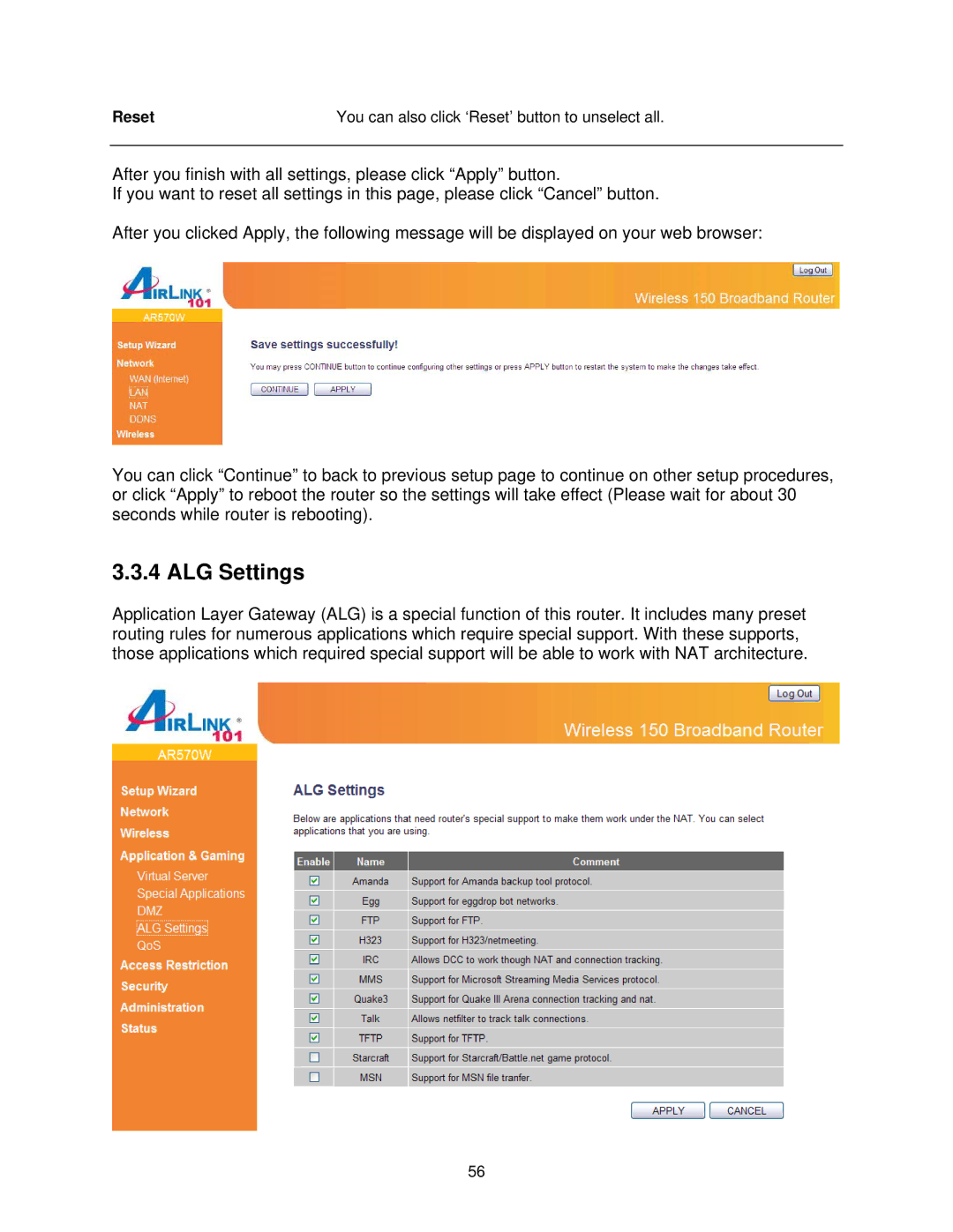 Airlink101 AR570W user manual ALG Settings, Reset You can also click ‘Reset’ button to unselect all 