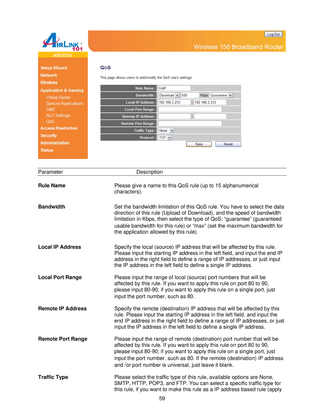 Airlink101 AR570W Rule Name, Bandwidth, Local IP Address, Local Port Range, Remote IP Address, Remote Port Range 