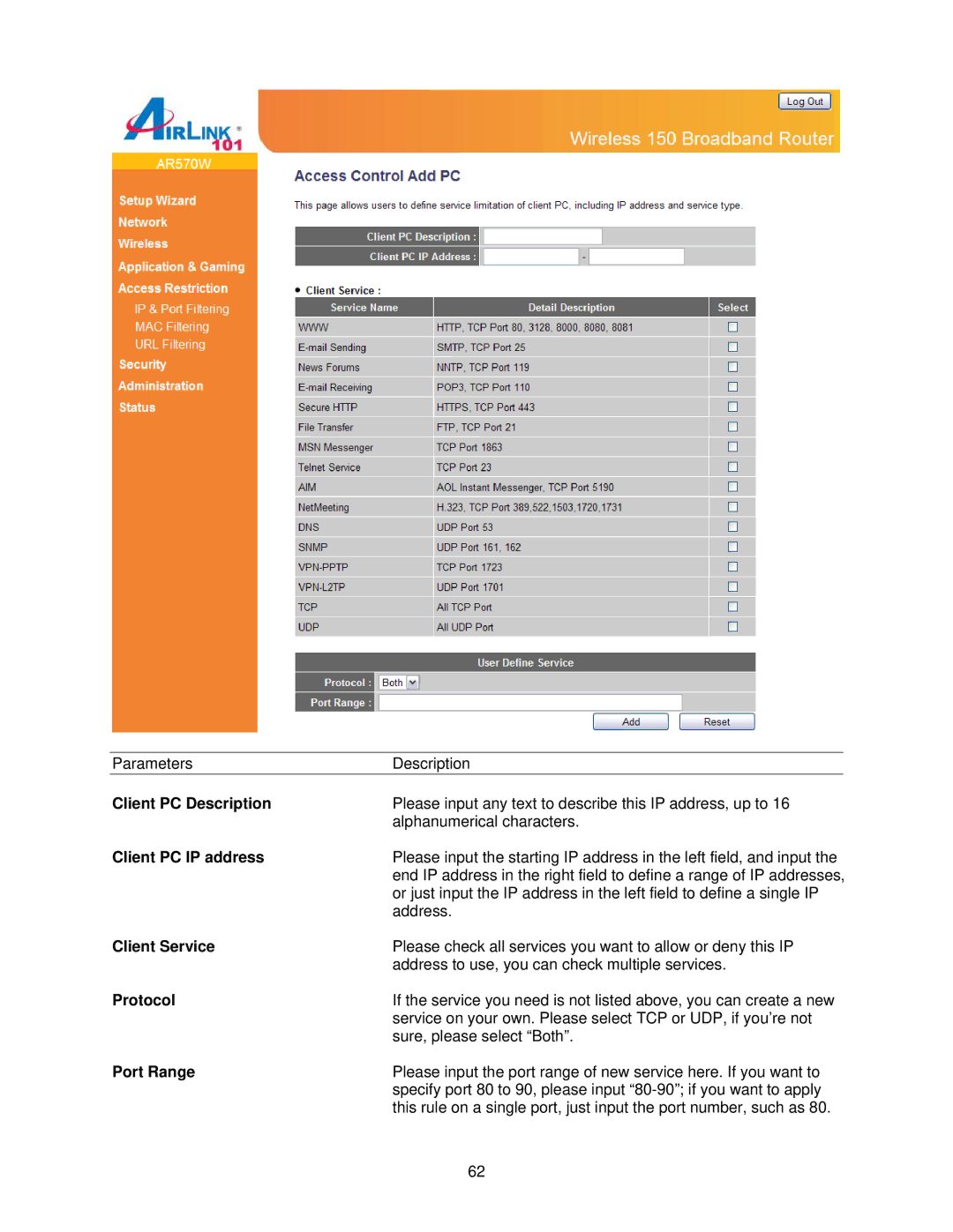 Airlink101 AR570W user manual Client PC Description, Client Service, Port Range 