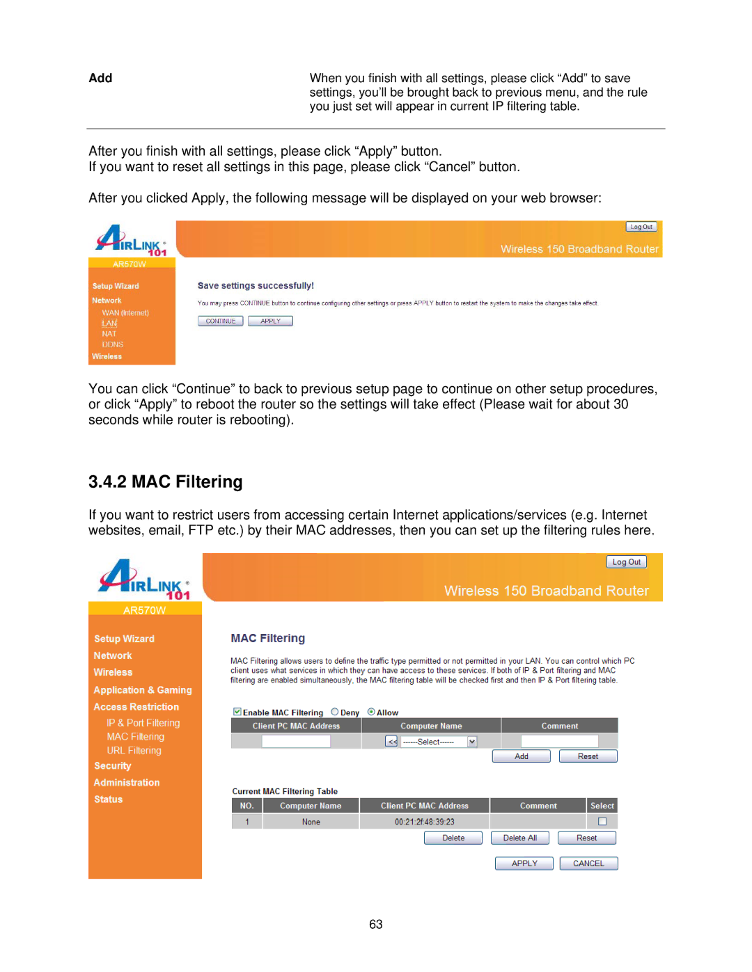 Airlink101 AR570W user manual MAC Filtering, Add 