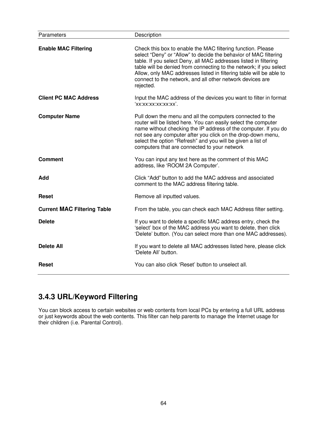 Airlink101 AR570W 3 URL/Keyword Filtering, Enable MAC Filtering, Client PC MAC Address, Current MAC Filtering Table 