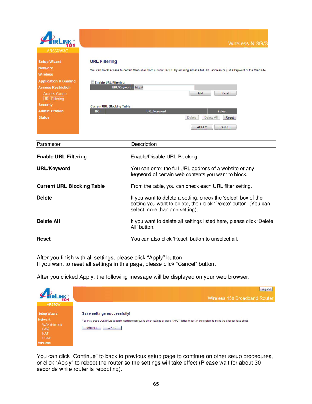 Airlink101 AR570W user manual Enable URL Filtering, URL/Keyword, Current URL Blocking Table 