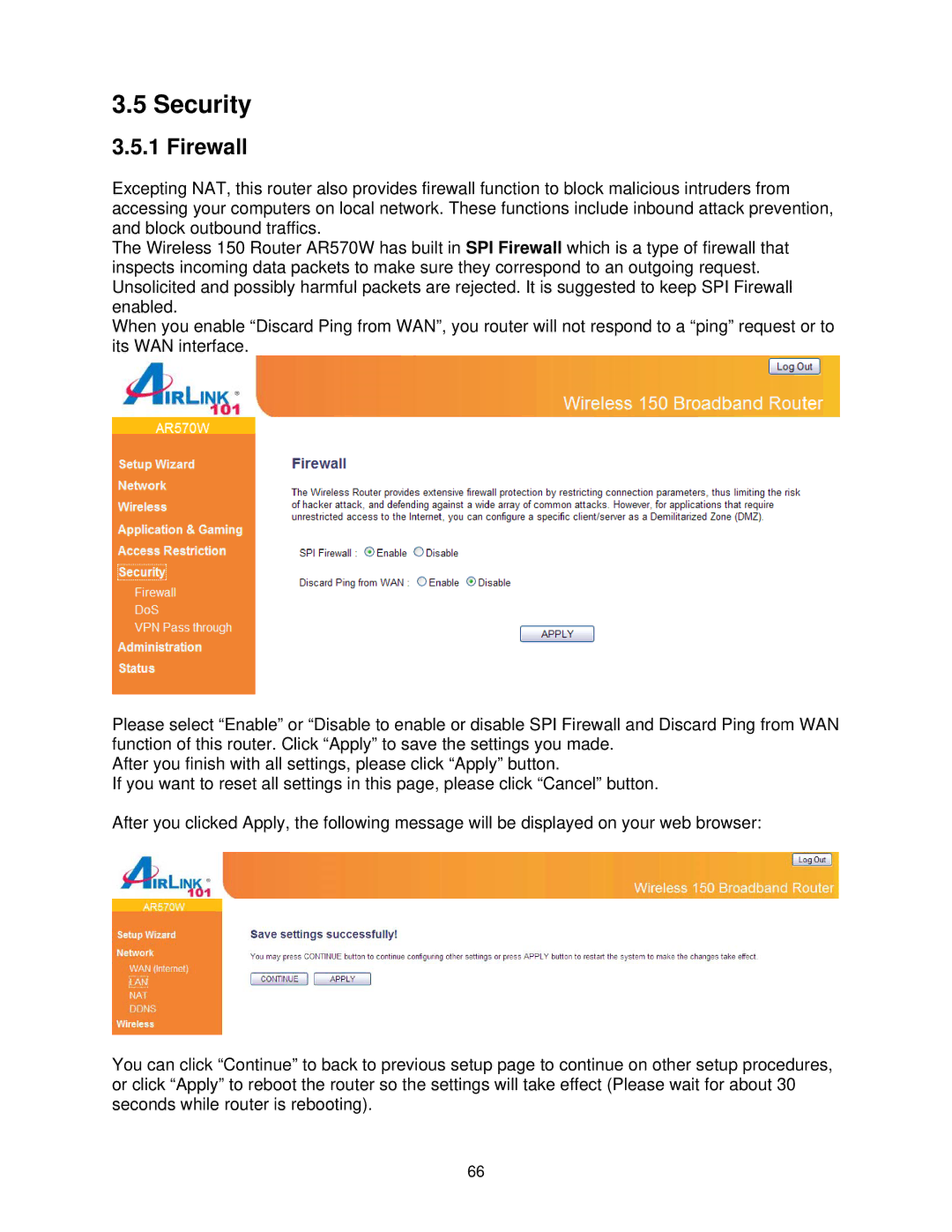 Airlink101 AR570W user manual Security, Firewall 