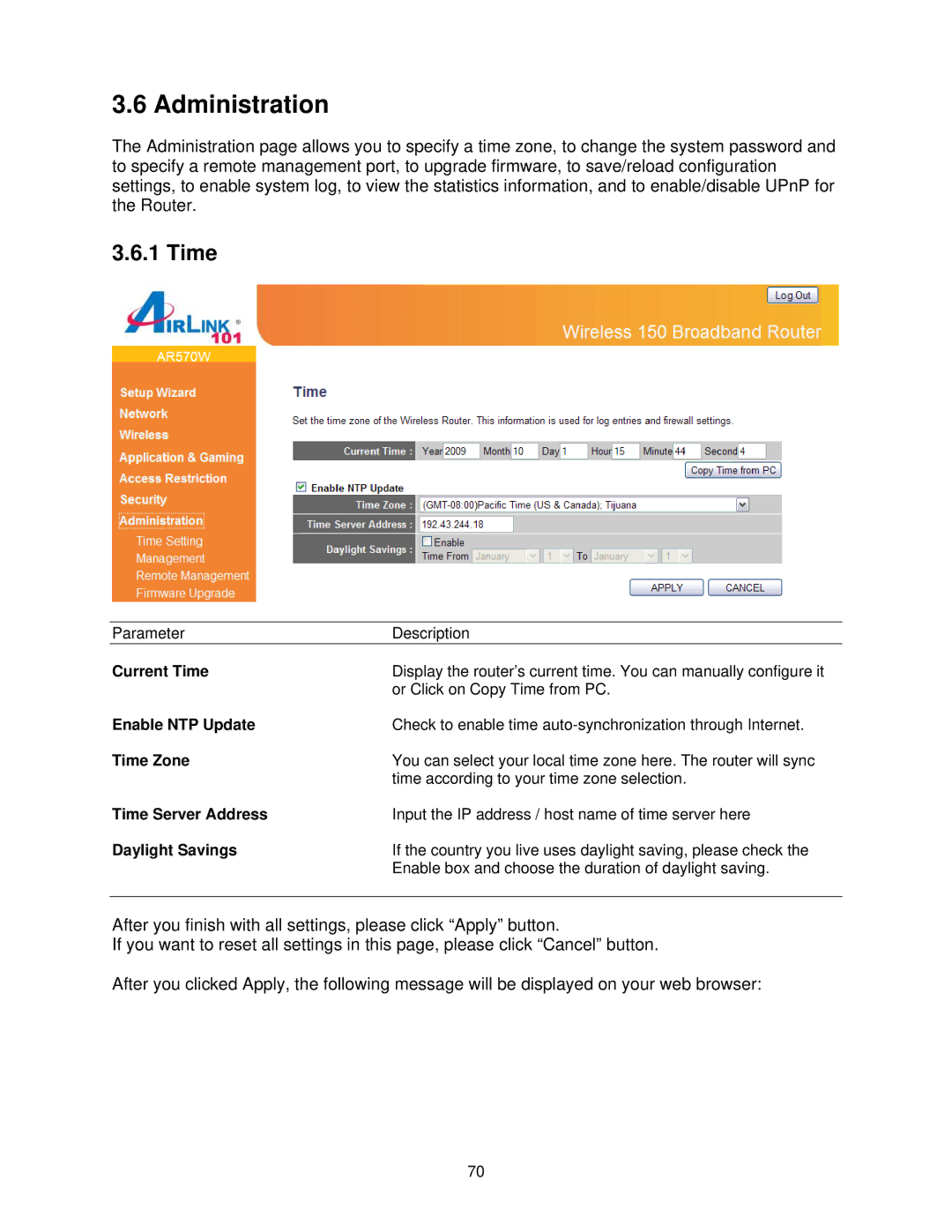 Airlink101 AR570W user manual Administration, Time 