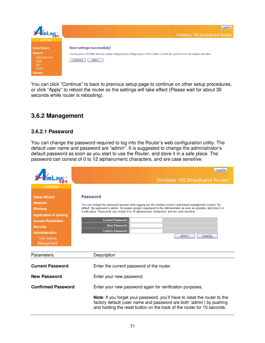 Airlink101 AR570W user manual Management, Current Password, New Password, Confirmed Password 