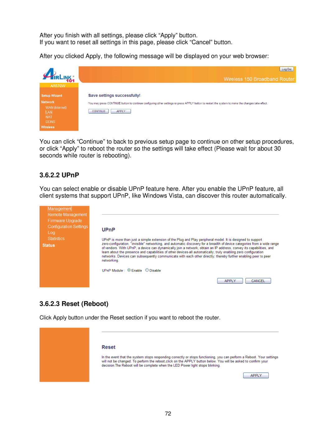 Airlink101 AR570W user manual Reset Reboot 