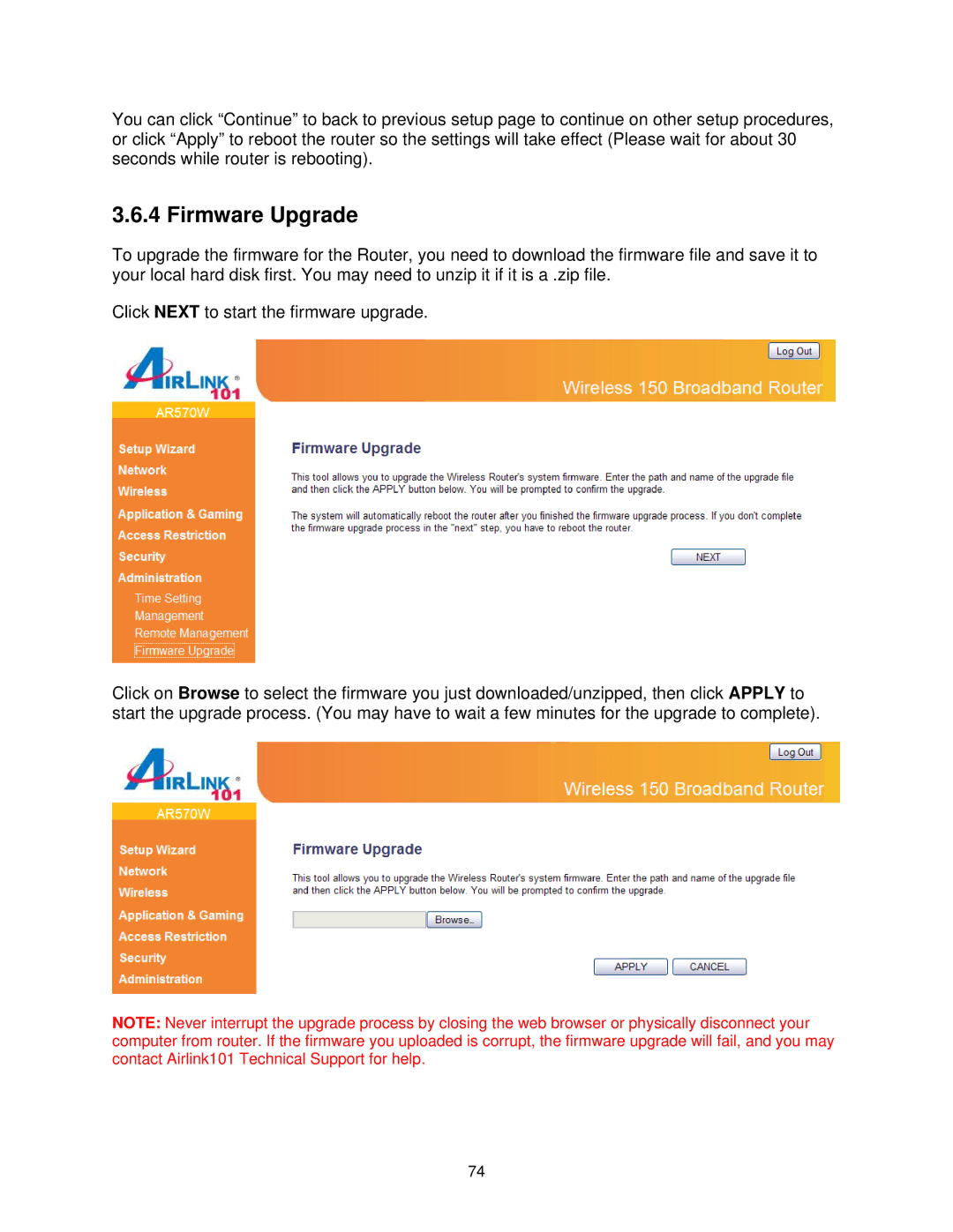 Airlink101 AR570W user manual Firmware Upgrade 