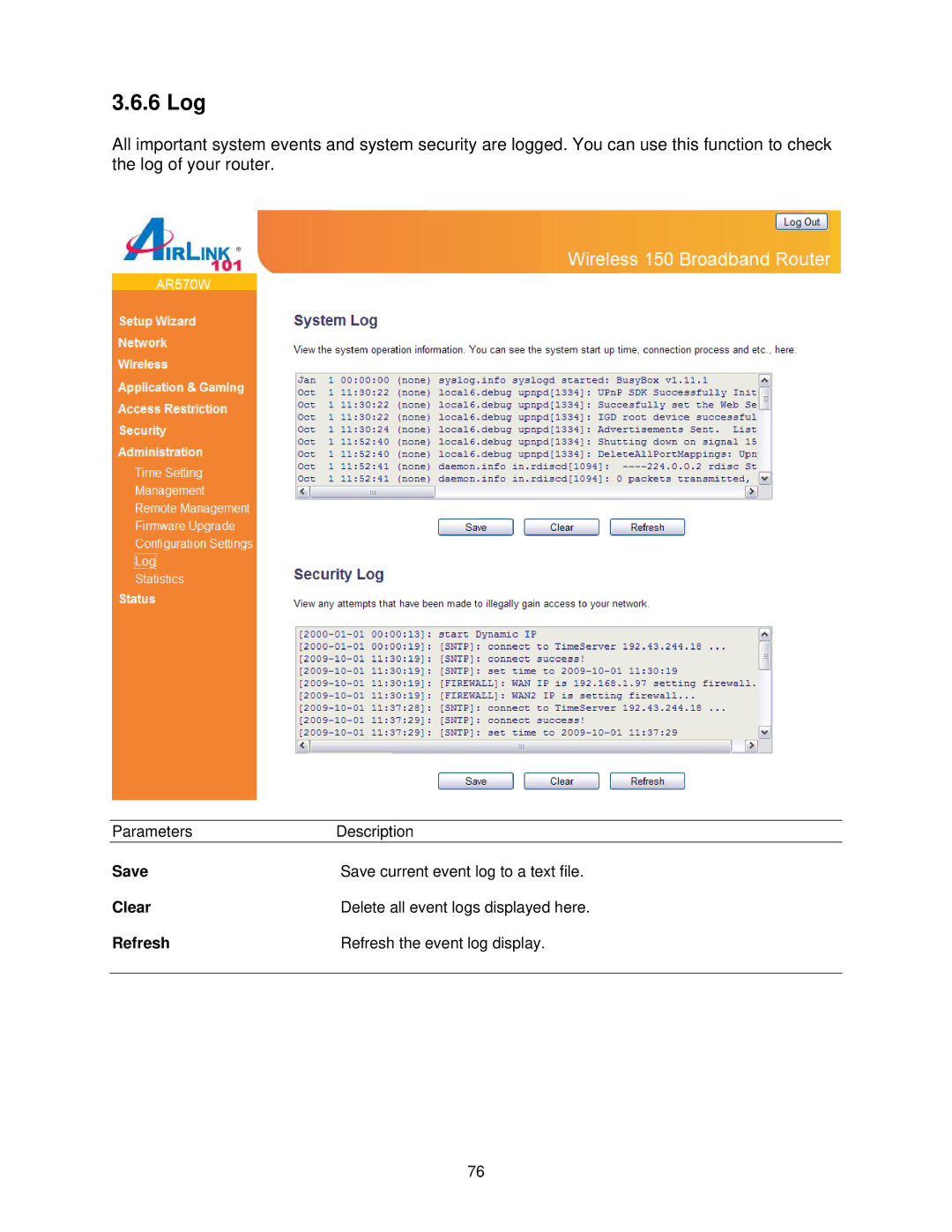 Airlink101 AR570W user manual 6 Log, Save, Refresh 