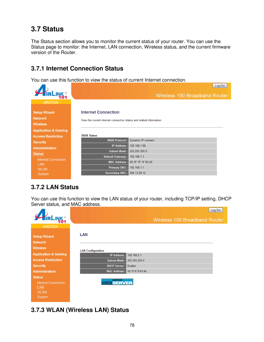 Airlink101 AR570W user manual Internet Connection Status, Wlan Wireless LAN Status 