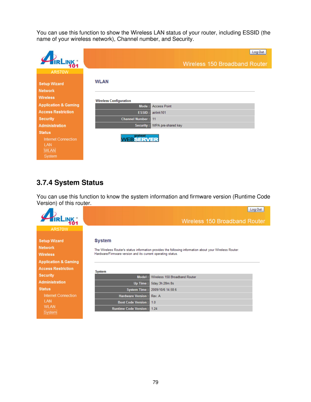 Airlink101 AR570W user manual System Status 