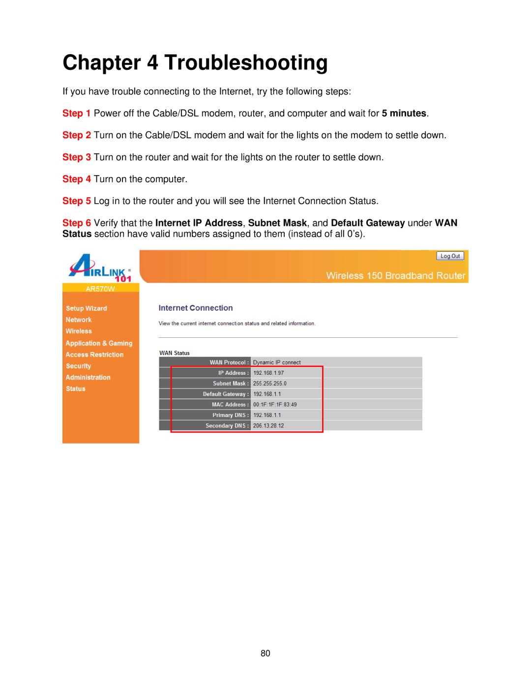 Airlink101 AR570W user manual Troubleshooting 