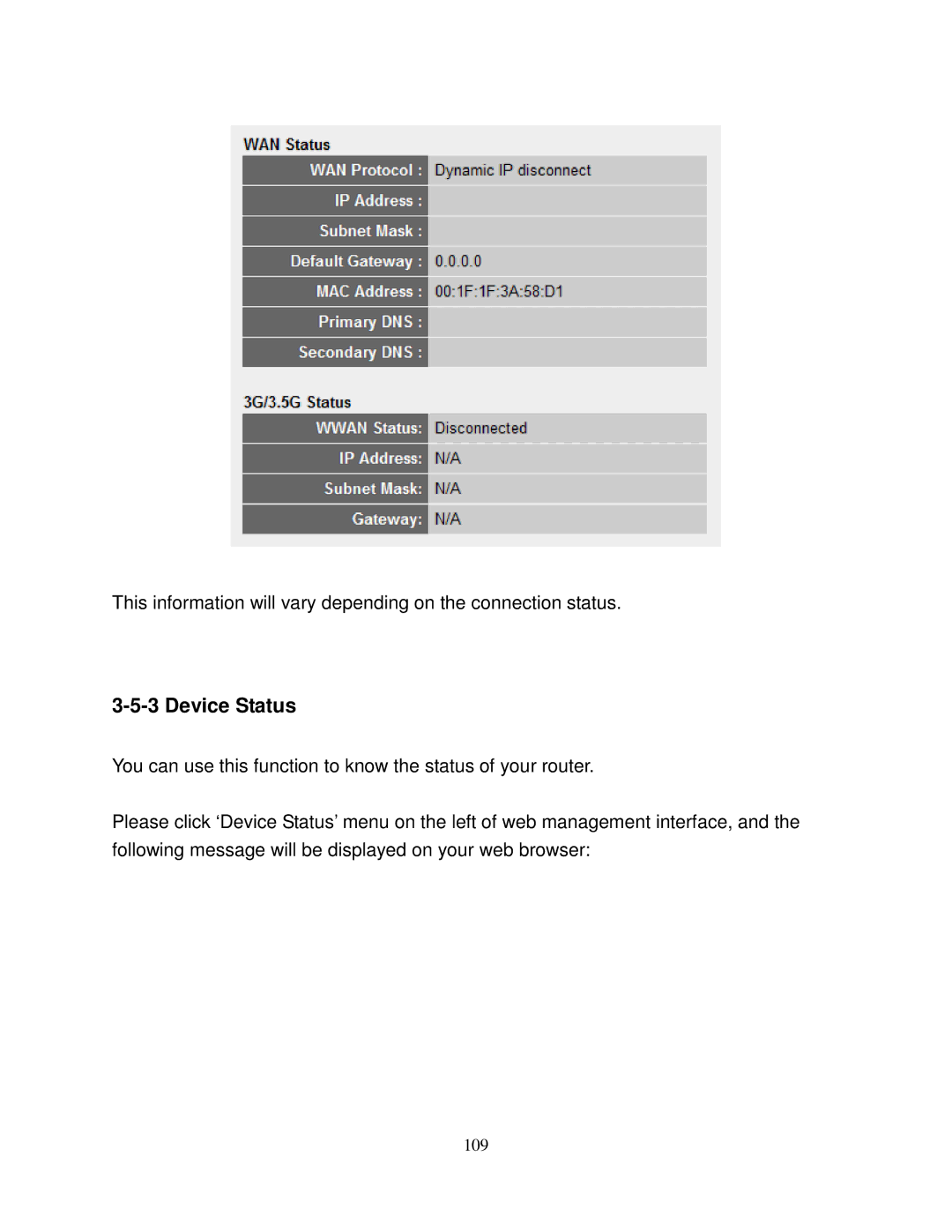 Airlink101 AR580W3G manual Device Status 