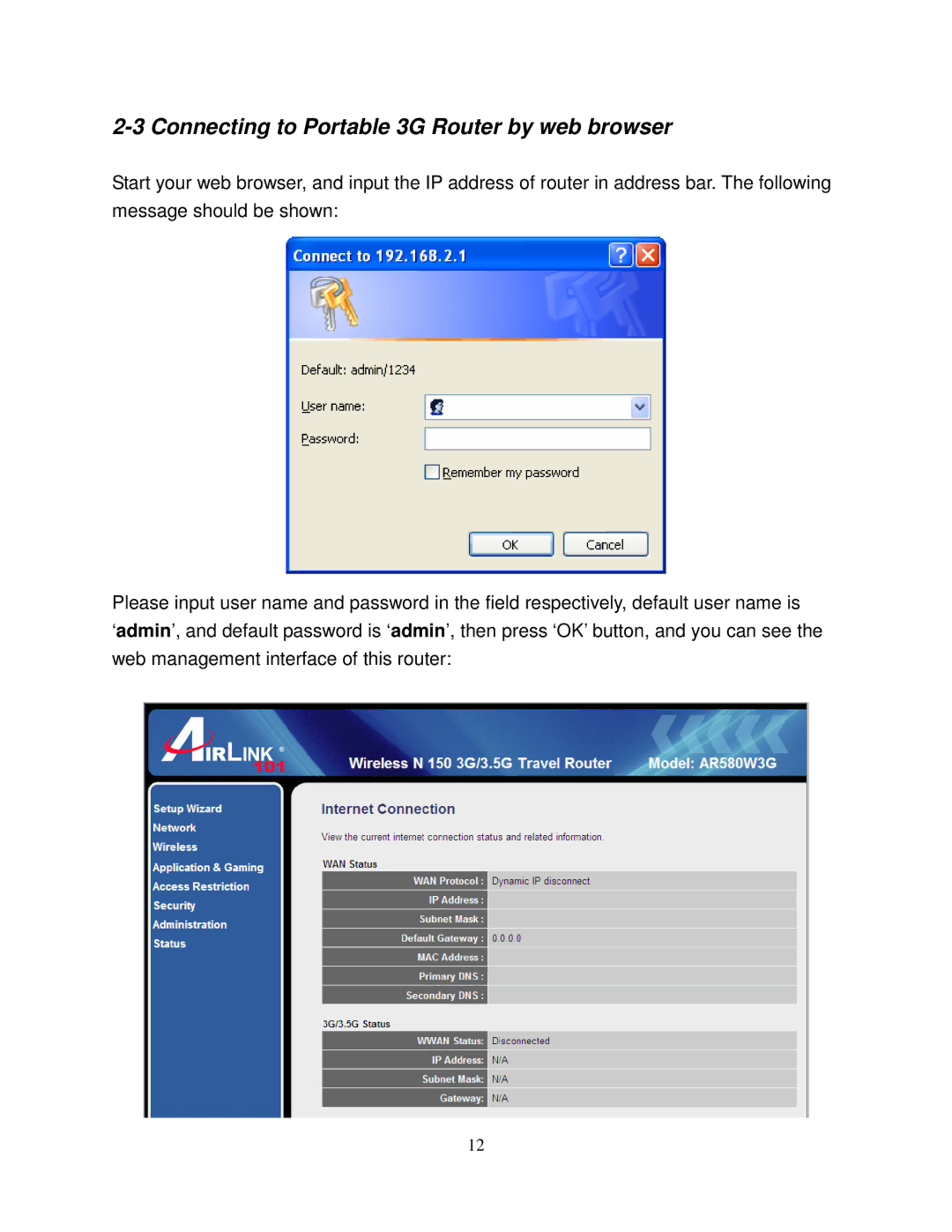 Airlink101 AR580W3G manual Connecting to Portable 3G Router by web browser 