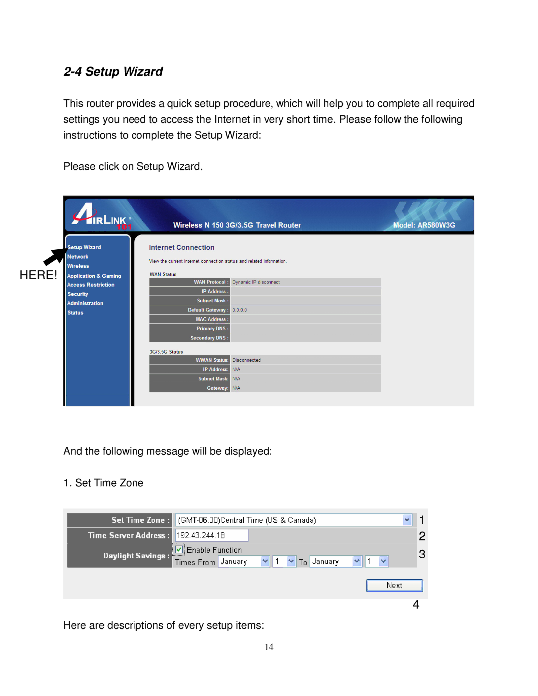 Airlink101 AR580W3G manual Setup Wizard, Here 