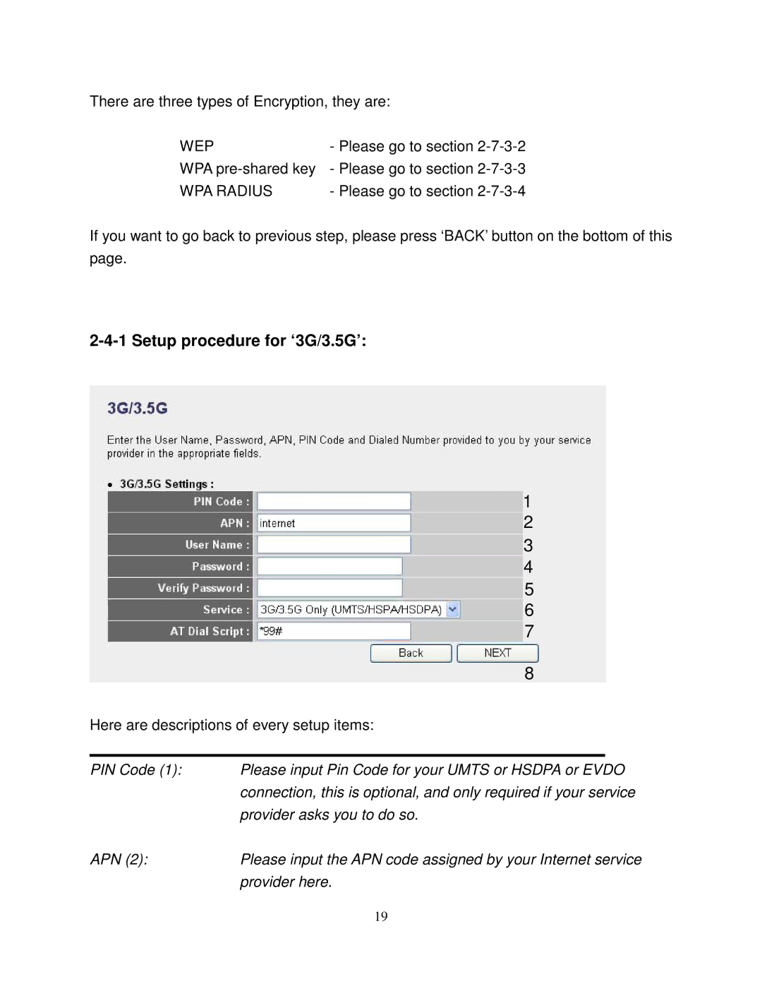 Airlink101 AR580W3G manual Setup procedure for ‘3G/3.5G’, WPA Radius 