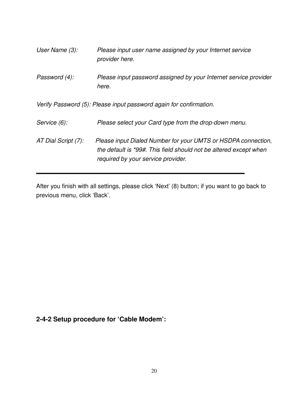 Airlink101 AR580W3G manual Setup procedure for ‘Cable Modem’ 