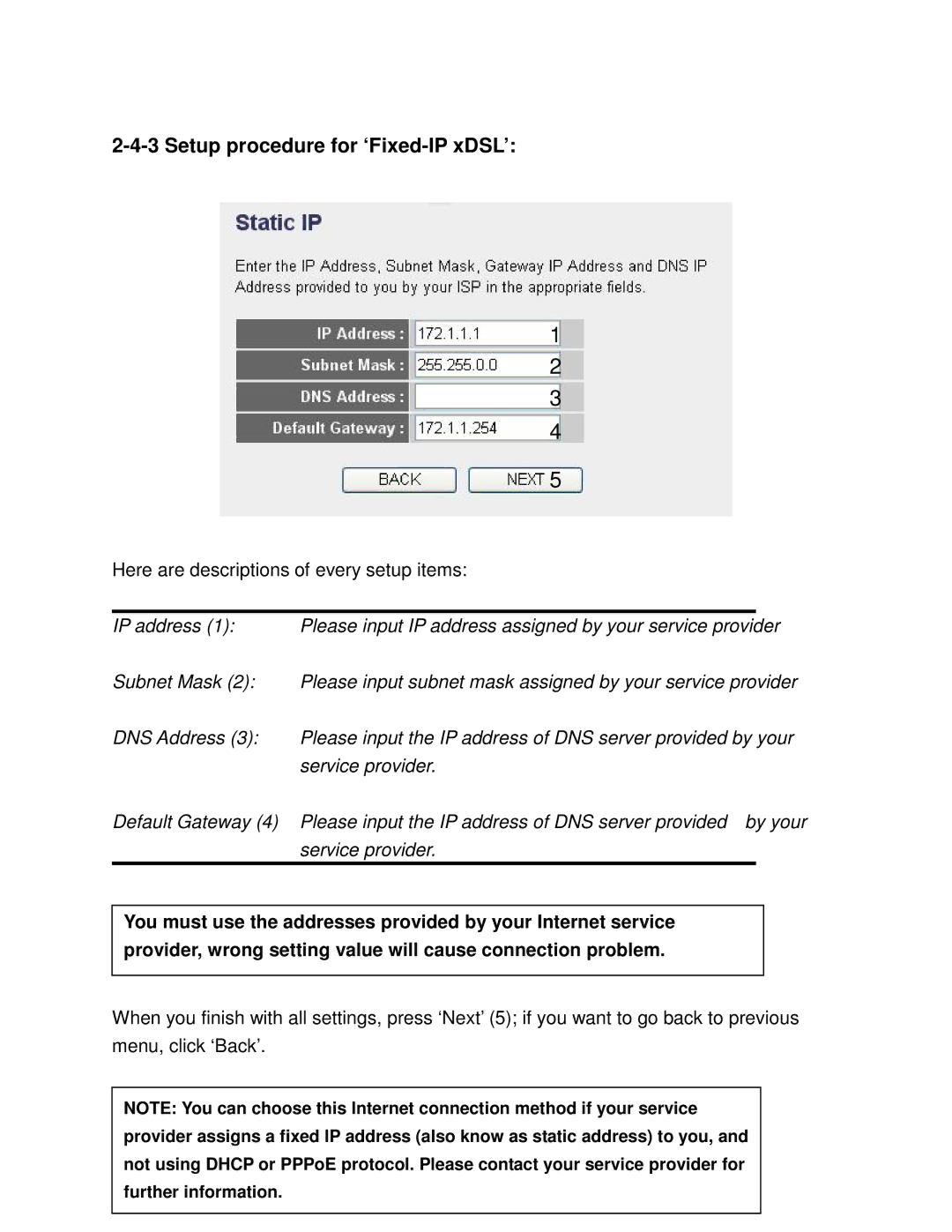 Airlink101 AR580W3G manual Setup procedure for ‘Fixed-IP xDSL’ 