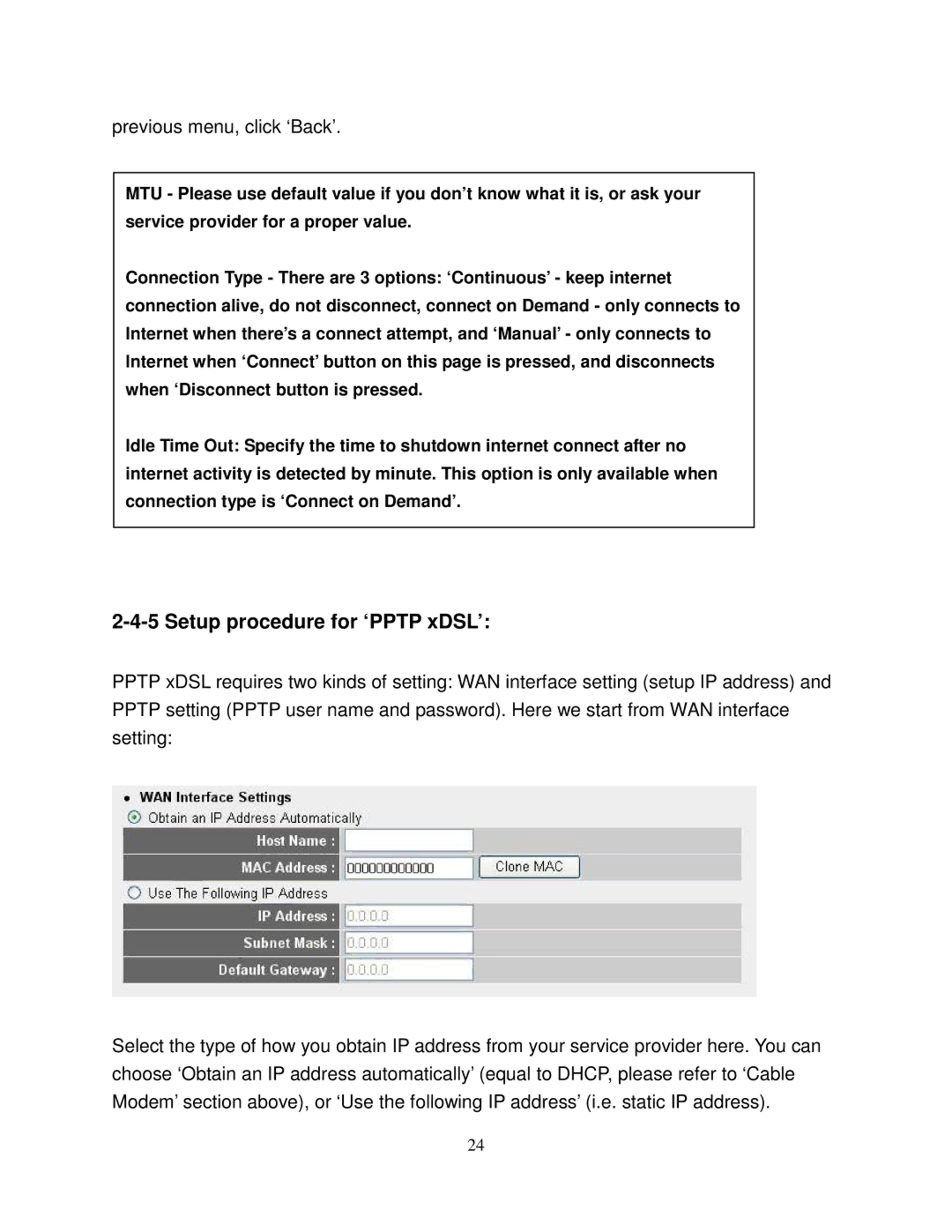 Airlink101 AR580W3G manual Setup procedure for ‘PPTP xDSL’, Previous menu, click ‘Back’ 