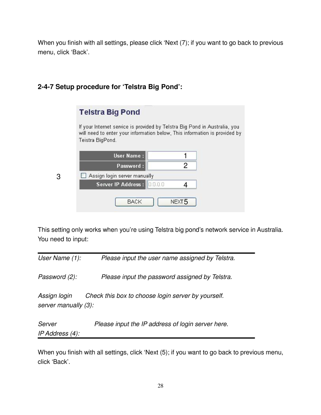 Airlink101 AR580W3G manual Setup procedure for ‘Telstra Big Pond’ 