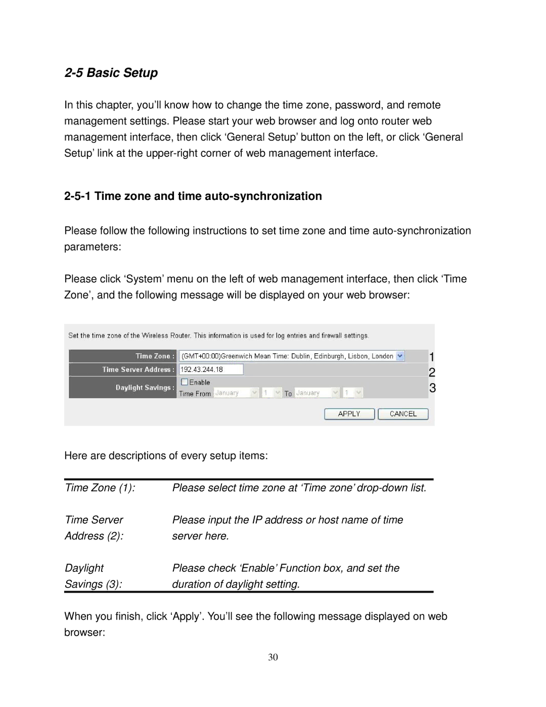 Airlink101 AR580W3G manual Basic Setup, Time zone and time auto-synchronization 