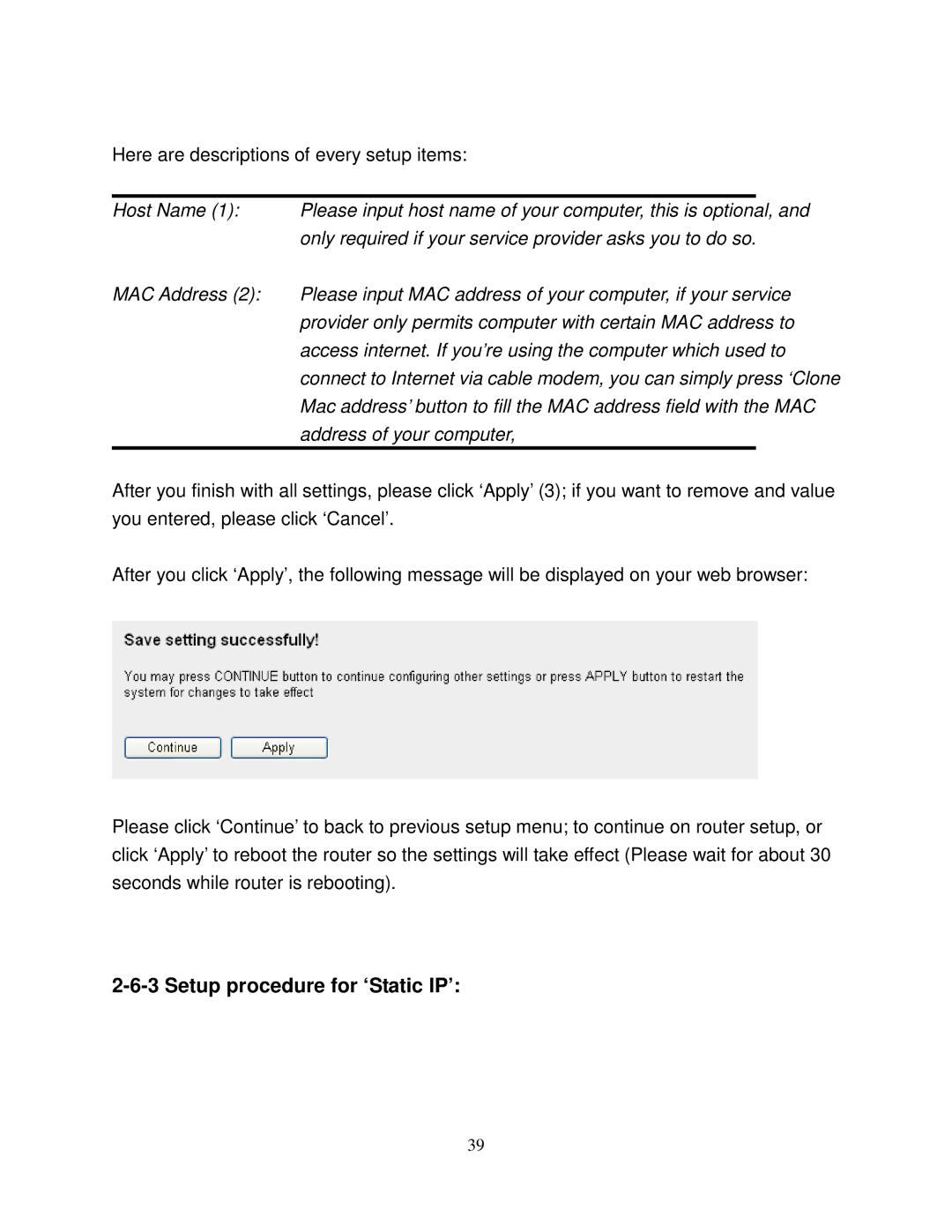 Airlink101 AR580W3G manual Setup procedure for ‘Static IP’ 