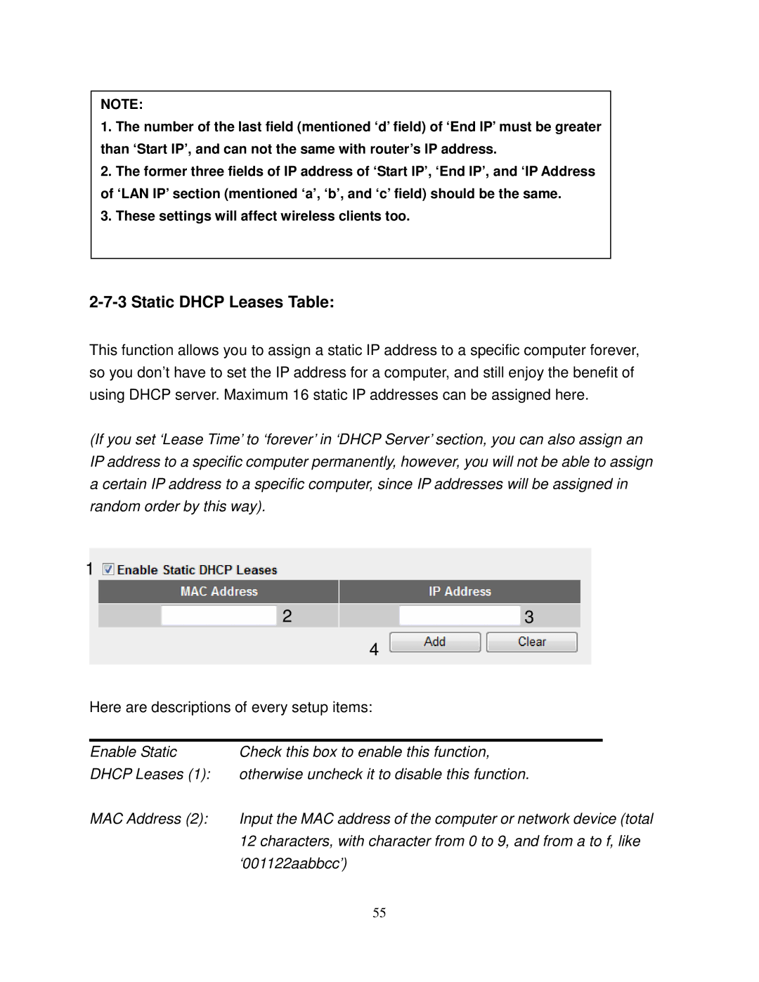 Airlink101 AR580W3G manual Static Dhcp Leases Table 