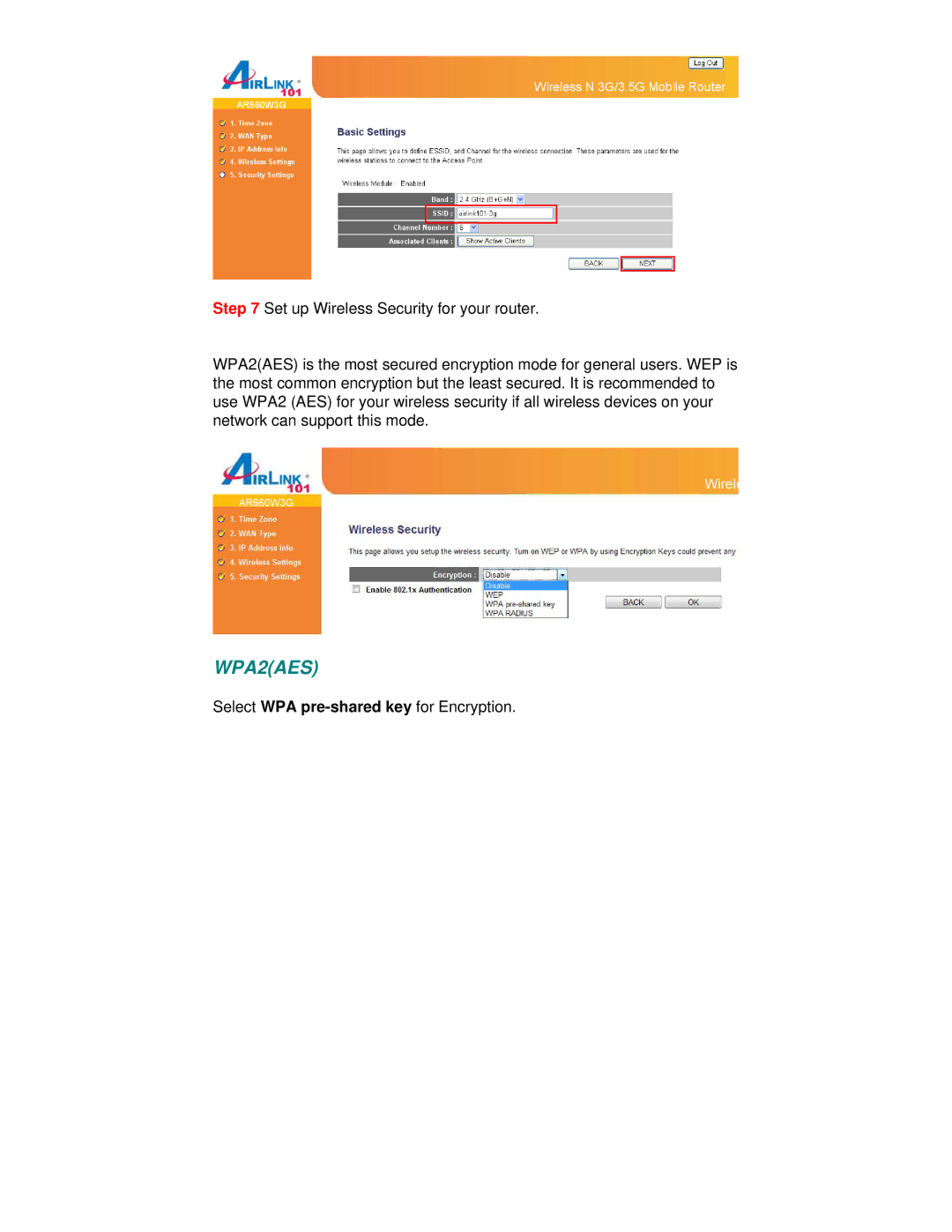 Airlink101 AR660W3G manual WPA2AES 