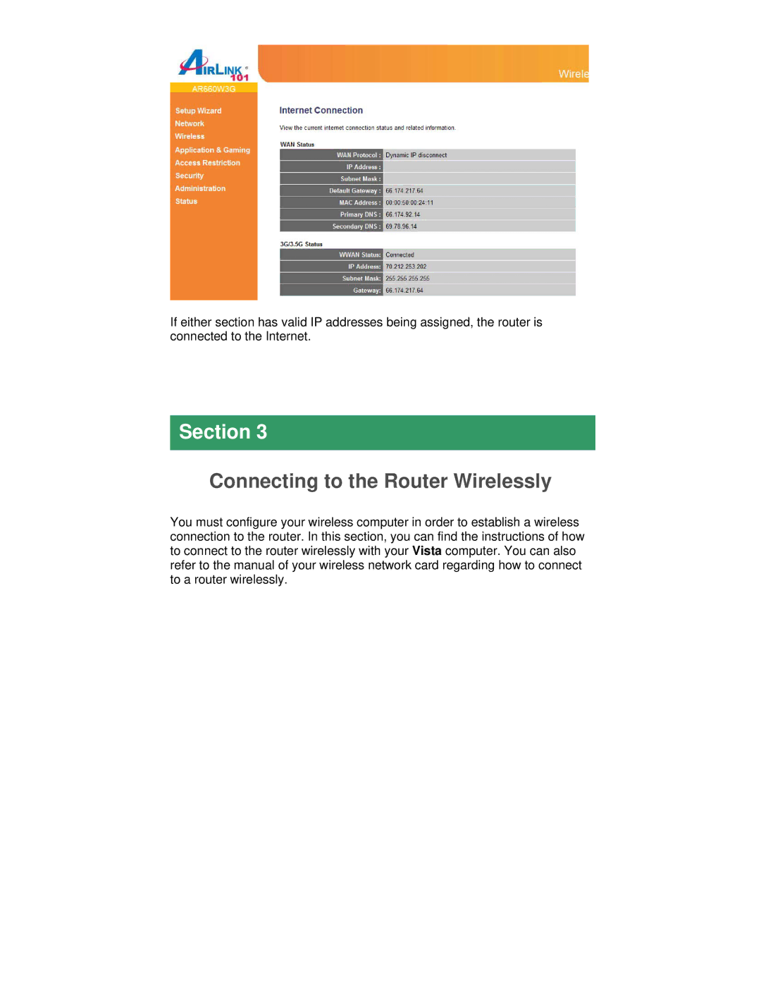 Airlink101 AR660W3G manual Connecting to the Router Wirelessly 