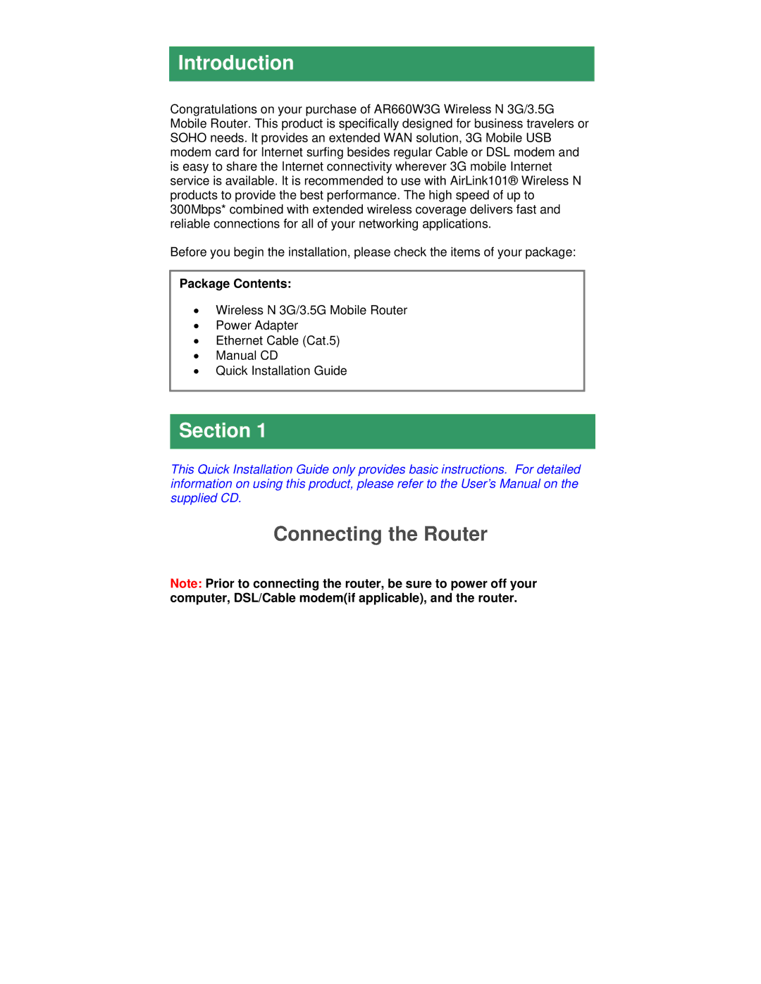 Airlink101 AR660W3G manual Introduction, Connecting the Router 