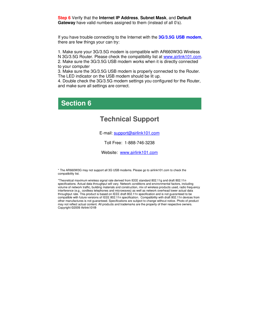 Airlink101 AR660W3G manual Technical Support, Mailsupport@airlink101.com 